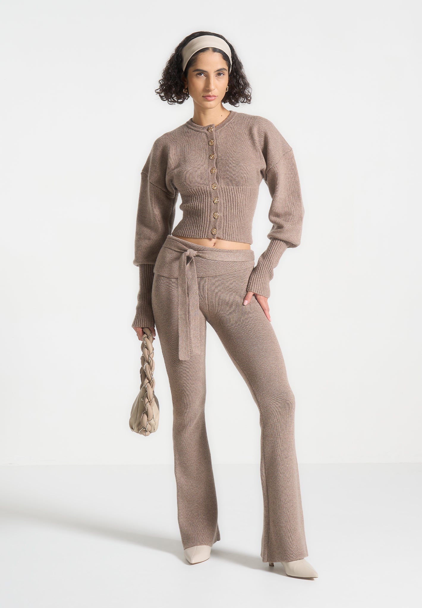 Knitted Fit & Flare Leggings with Belt - Taupe