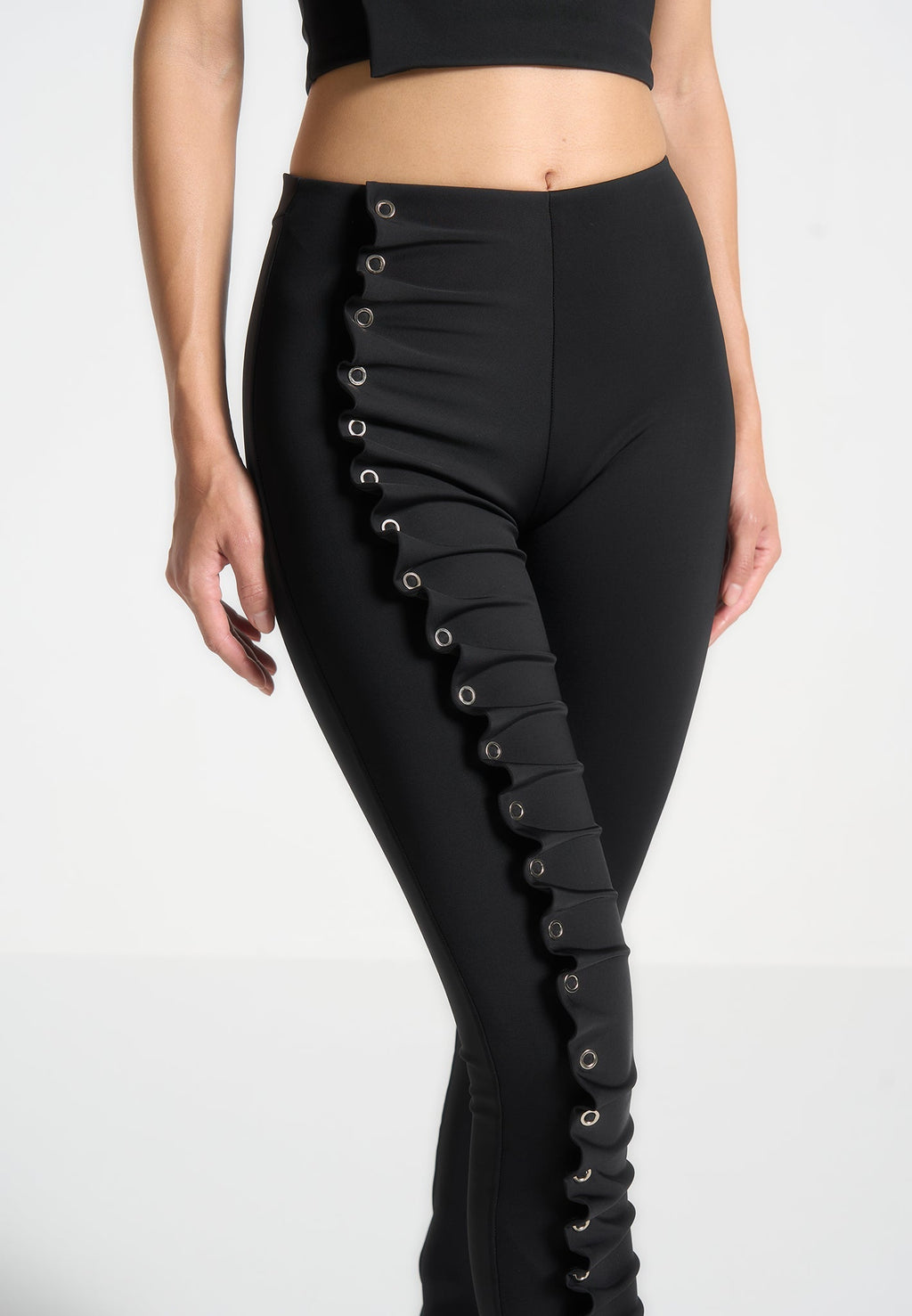Eyelet Detail Tacked Leggings - Black