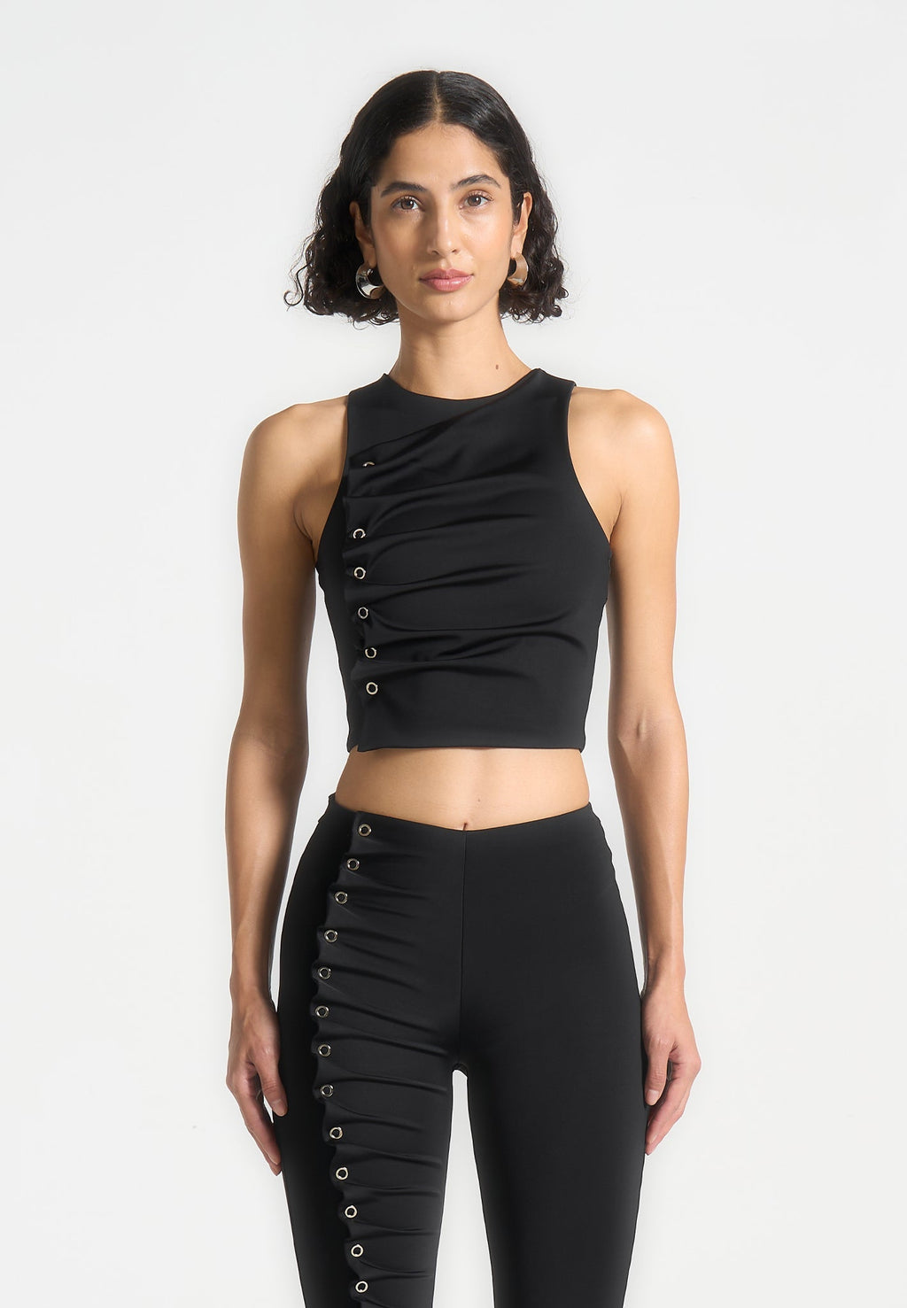 Eyelet Detail Tacked Racer Top  - Black