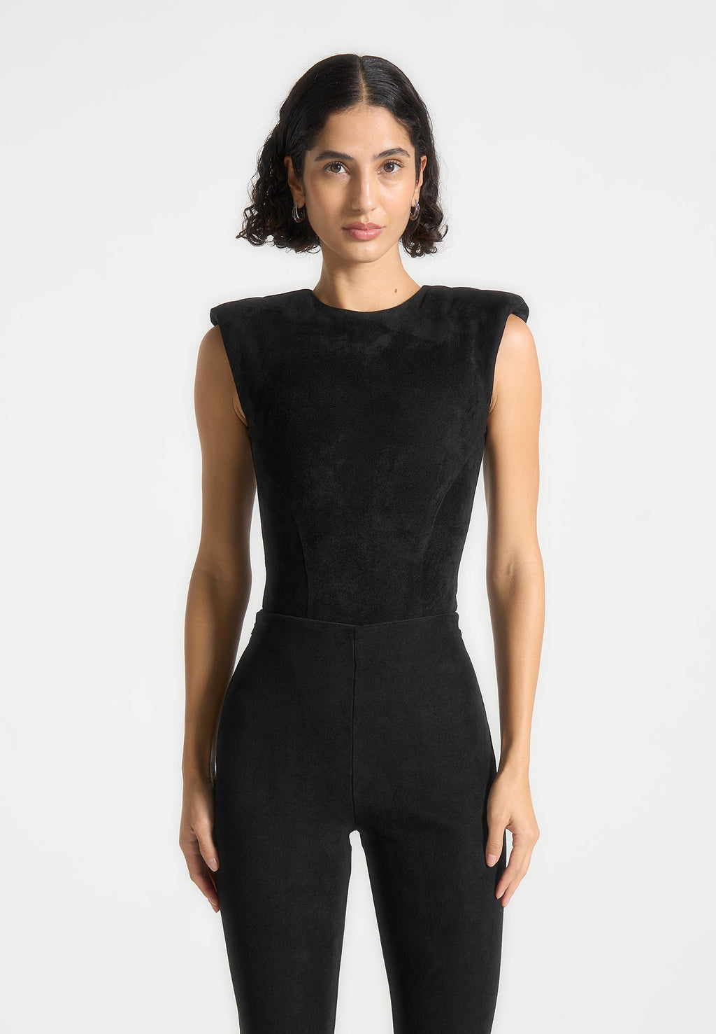 Wide Shoulder Suede Bodysuit - Black