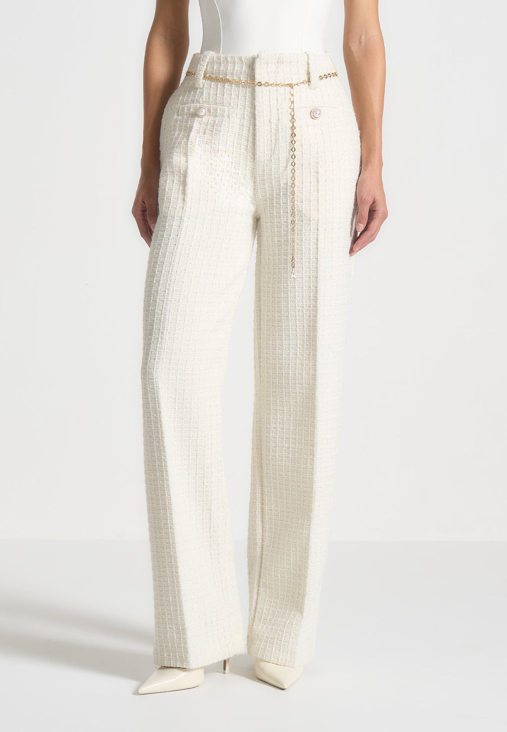 Tweed Trousers with Belt - Cream