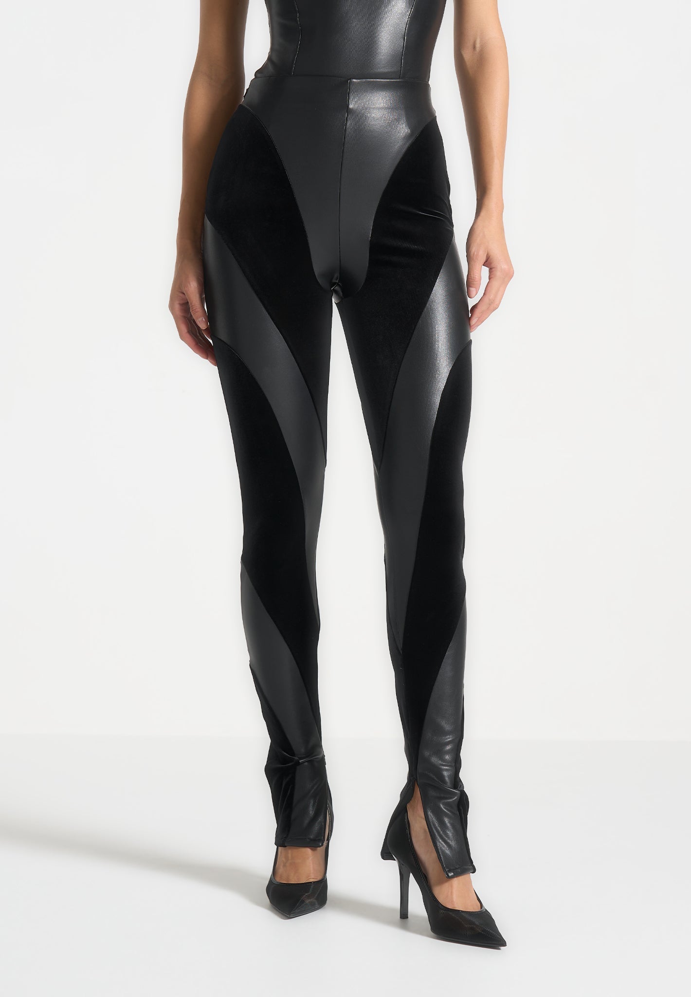 Leather and Velour Contour Leggings - Black