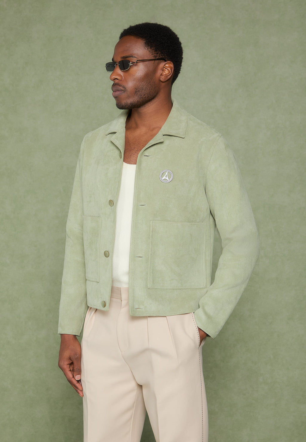 Suede Jacket with Revere Collar - Sage