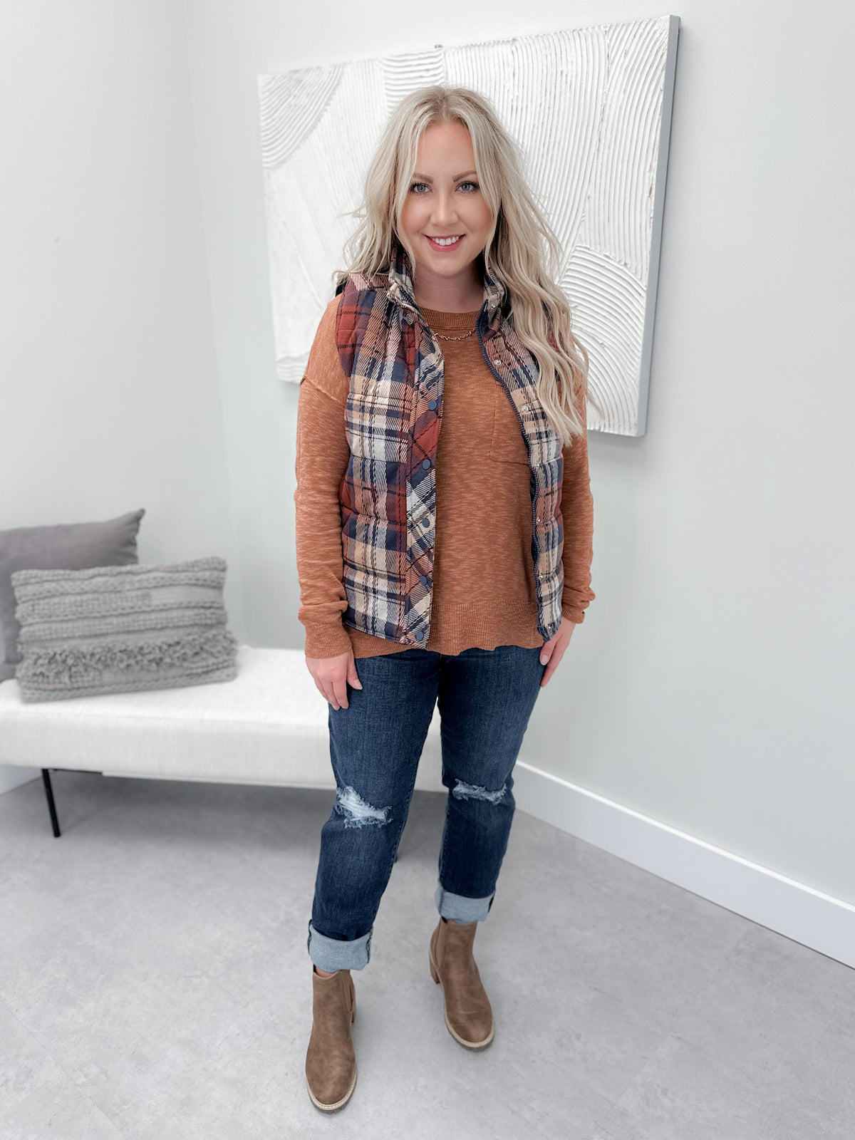 Scotland Quilted Plaid Vest in Scarlett