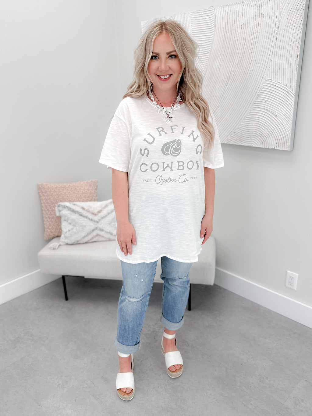 Surfing Cowboy Boyfriend Tee in Off White