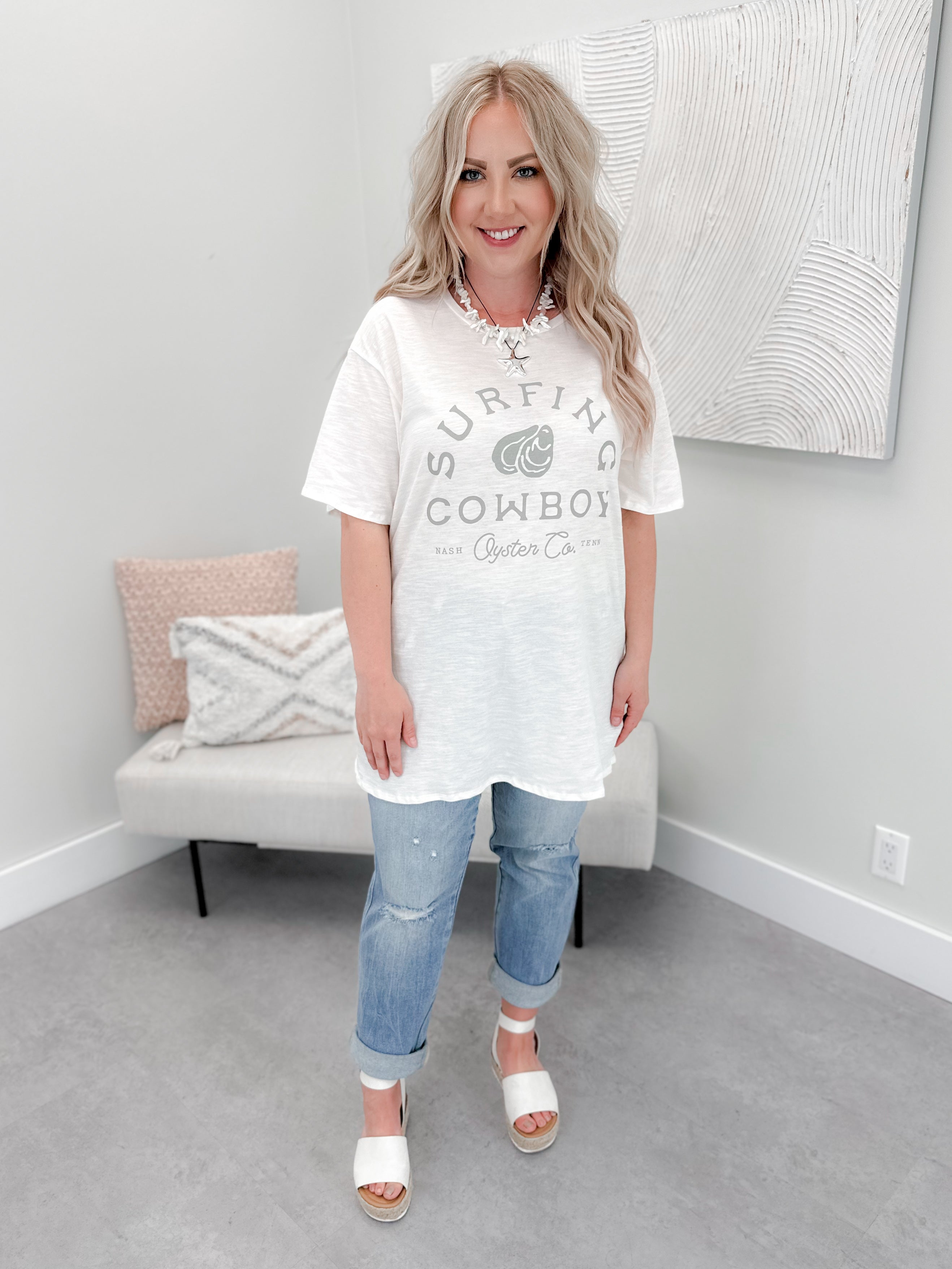 Surfing Cowboy Boyfriend Tee in Off White