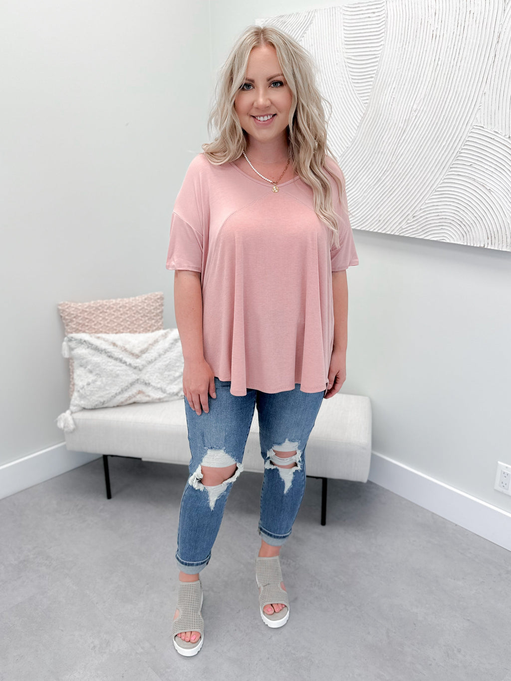 Ryan Ribbed Tee in Rose - Size Small