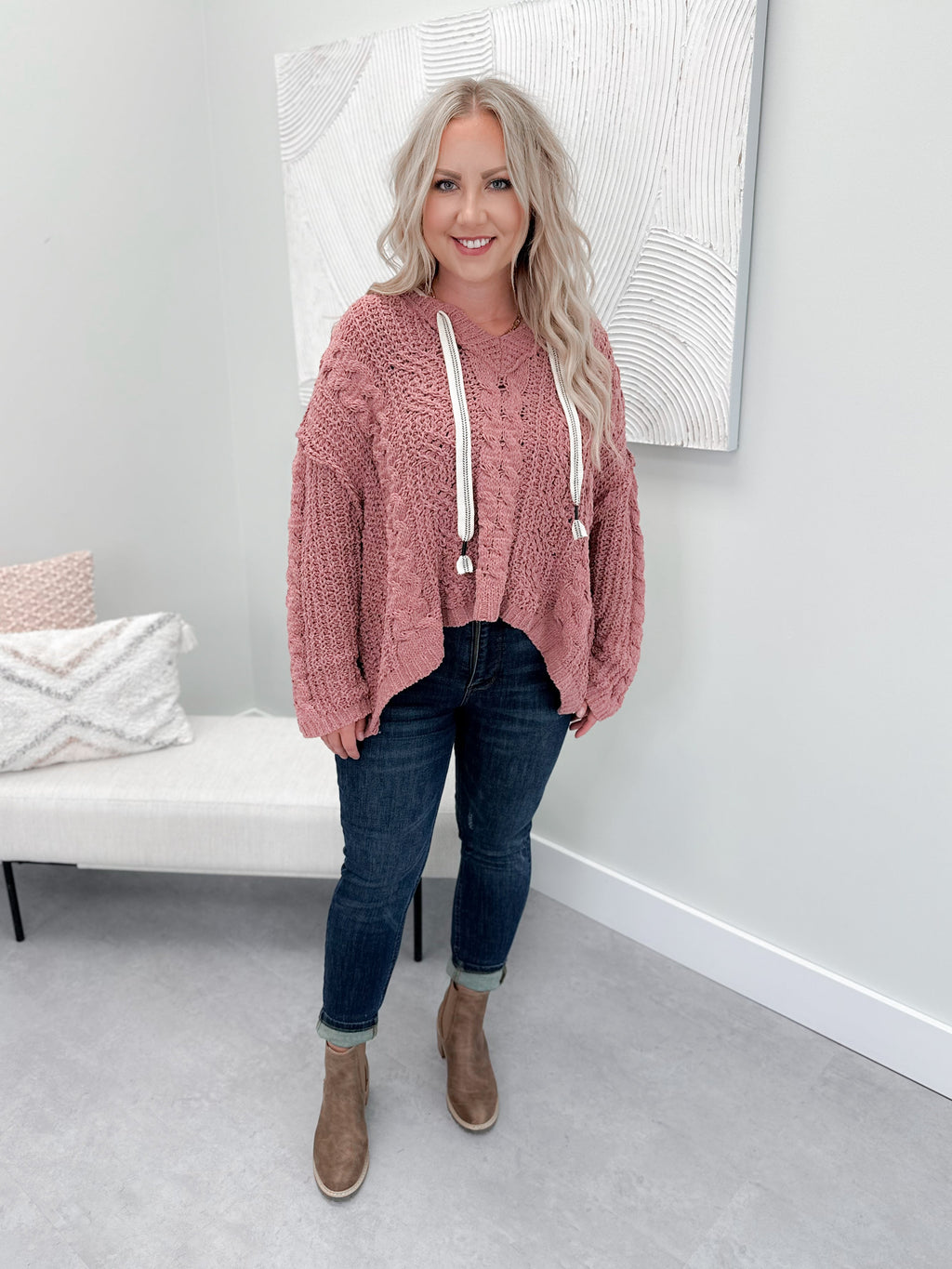 Letty Knit Hoodie in Red Bean by Pol