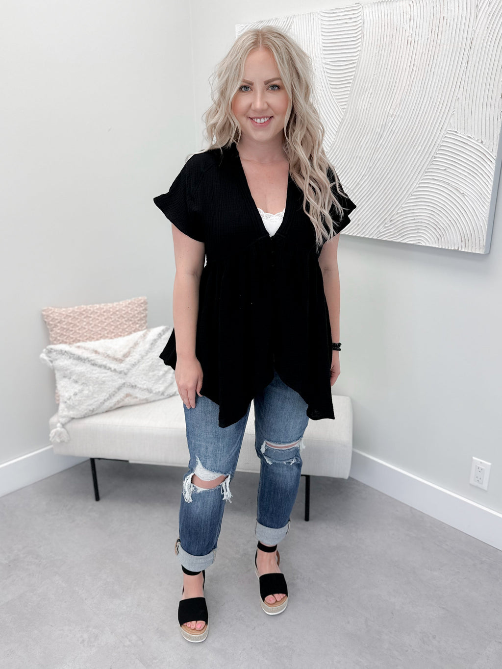Dora Button Front Top in Black