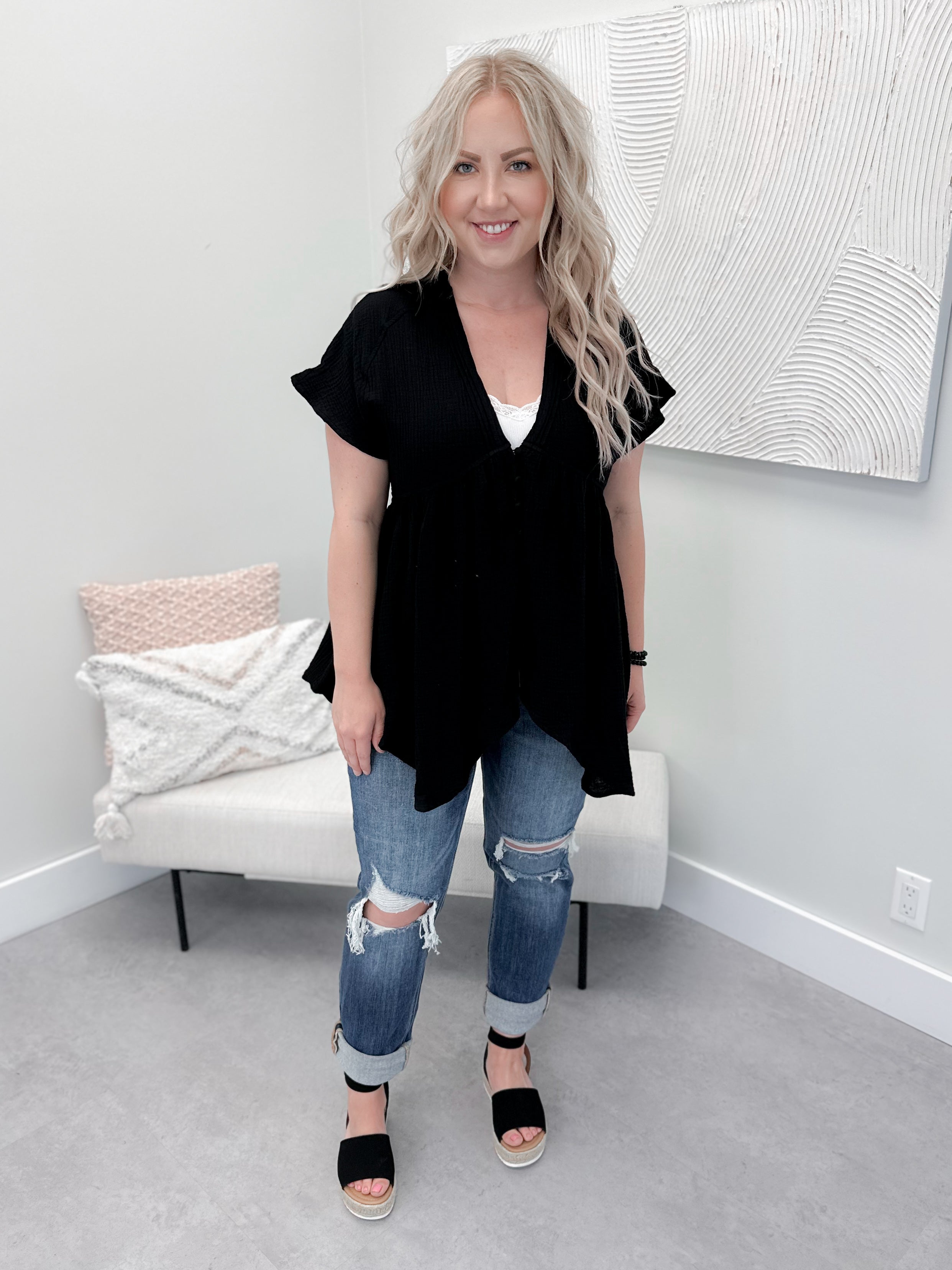 Dora Button Front Top in Black