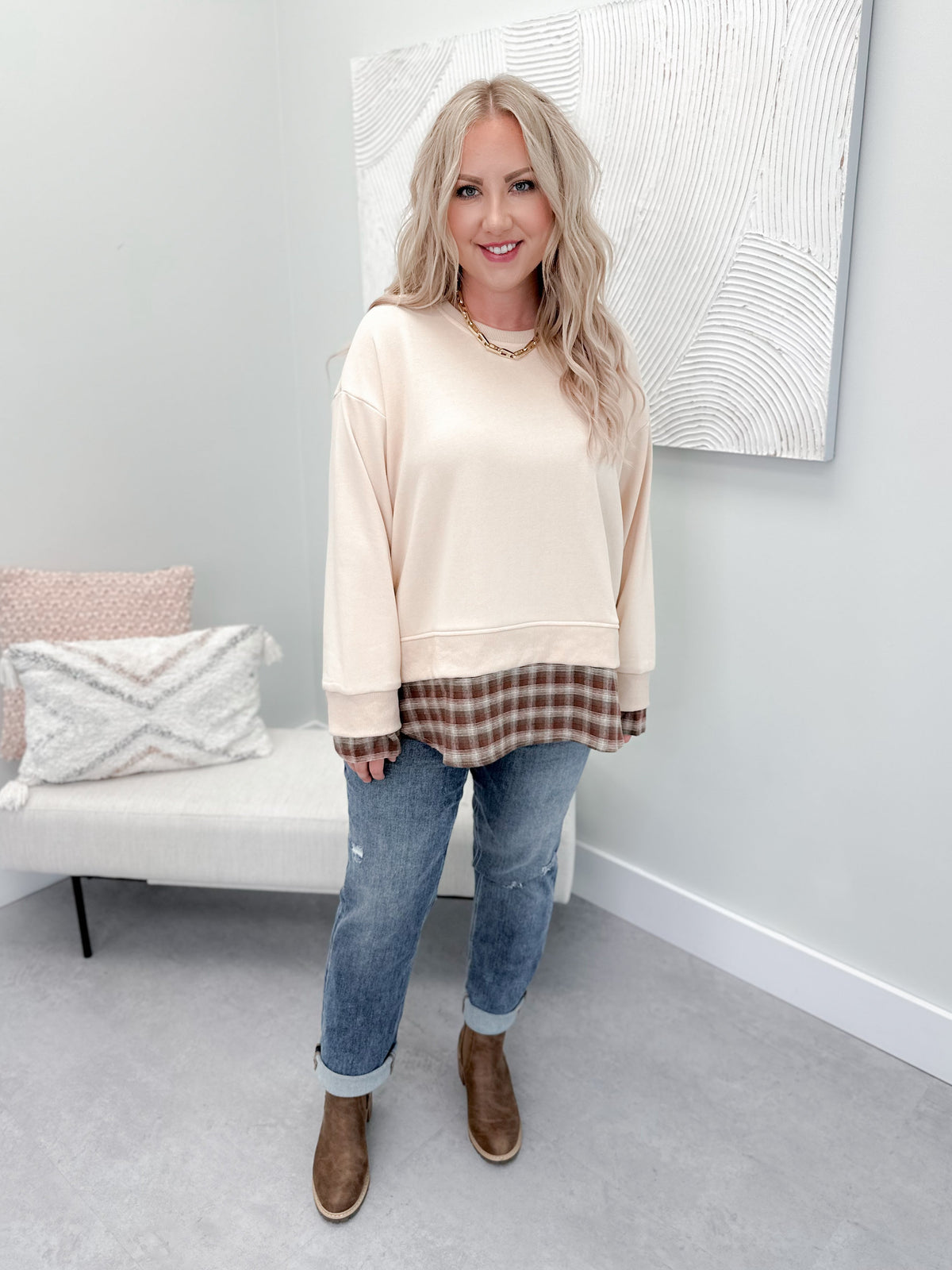Gianna Plaid Layered Sweater in Natural - L/O Size Small