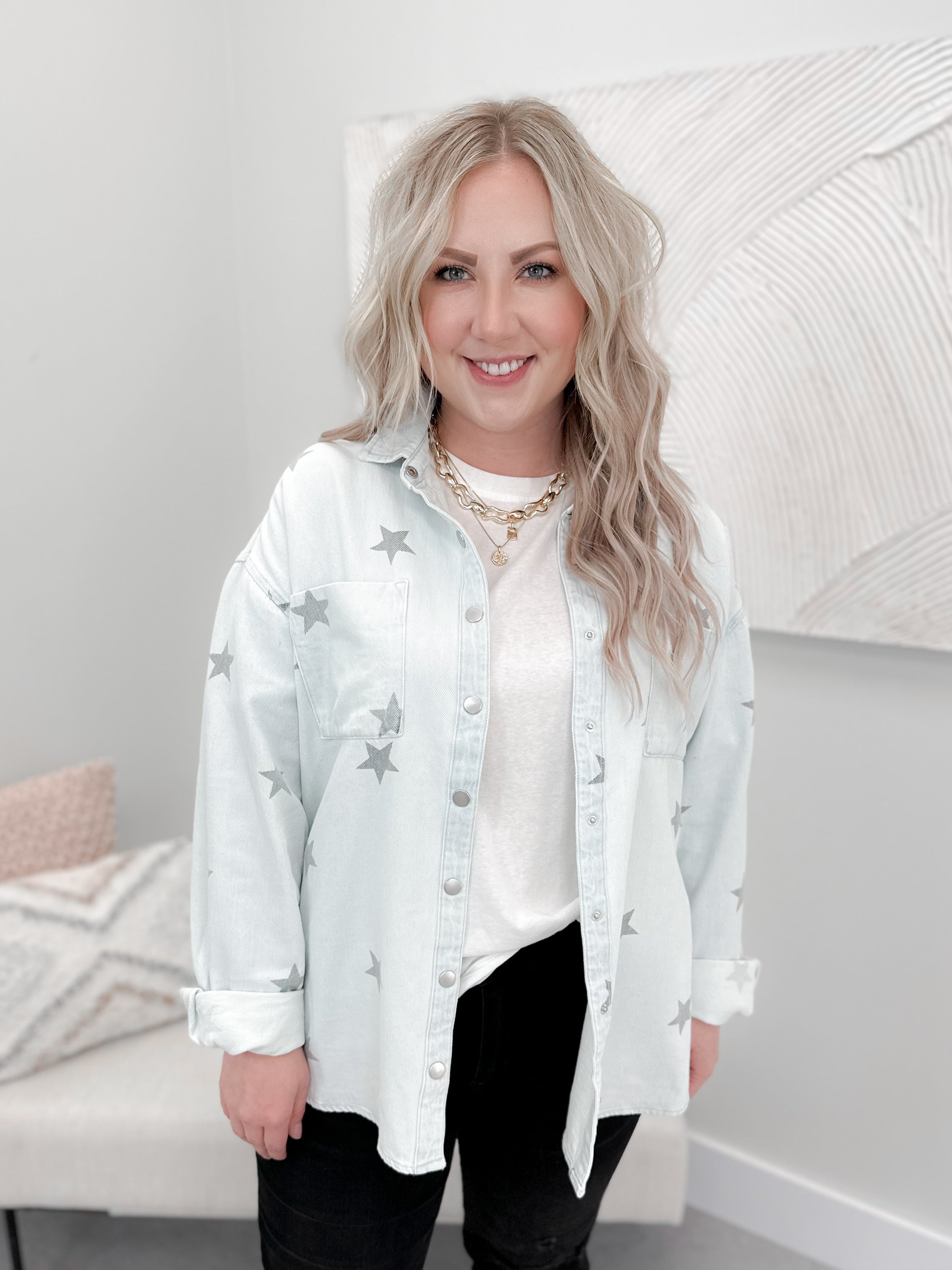 Rocket Star Jean Shacket in Ice Blue