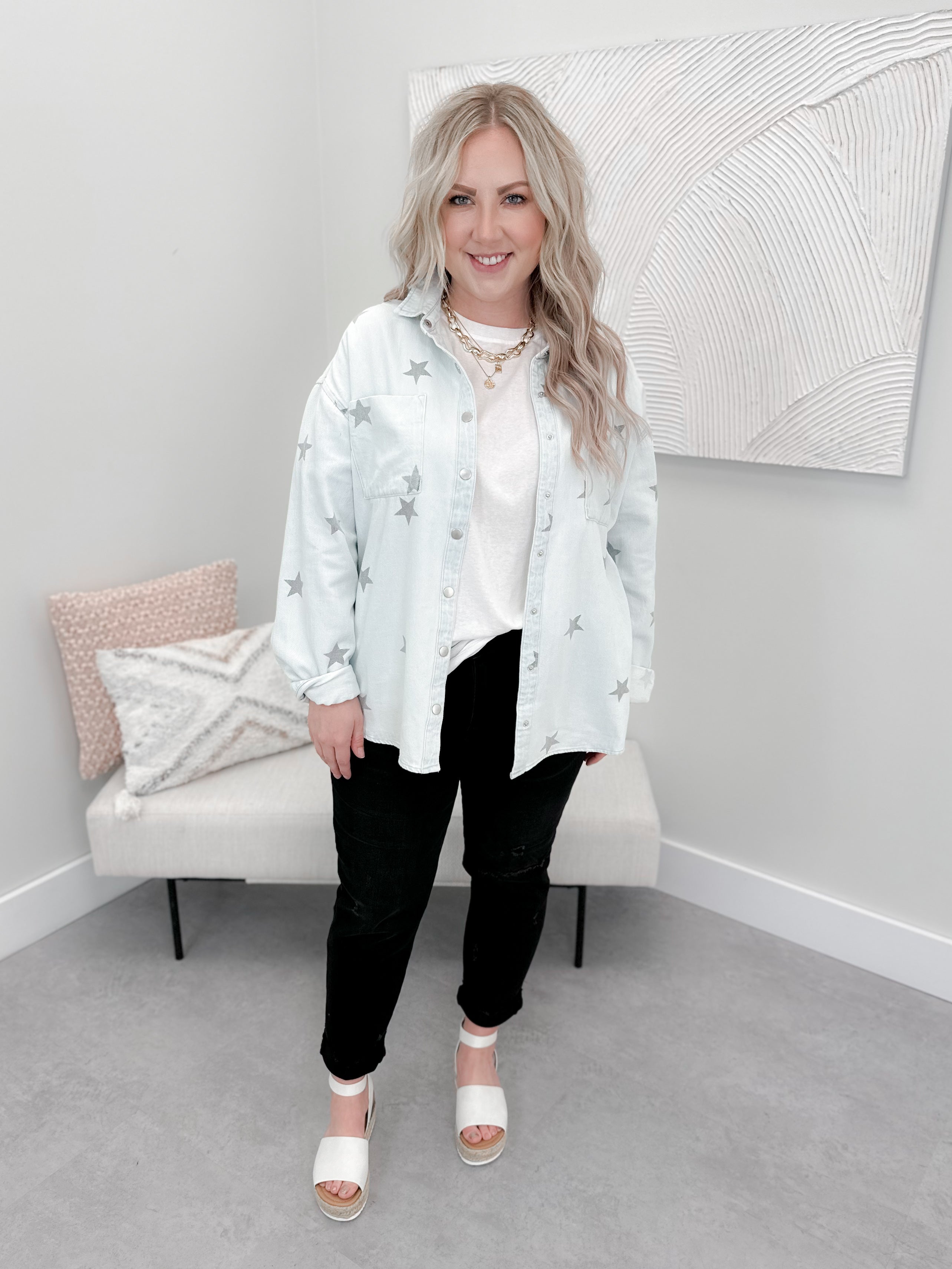 Rocket Star Jean Shacket in Ice Blue