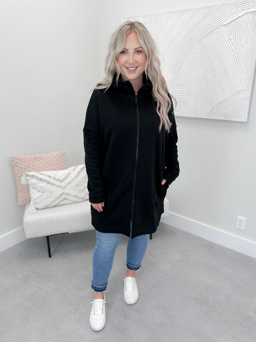 Payton Hooded Zippy Coatigan in Black
