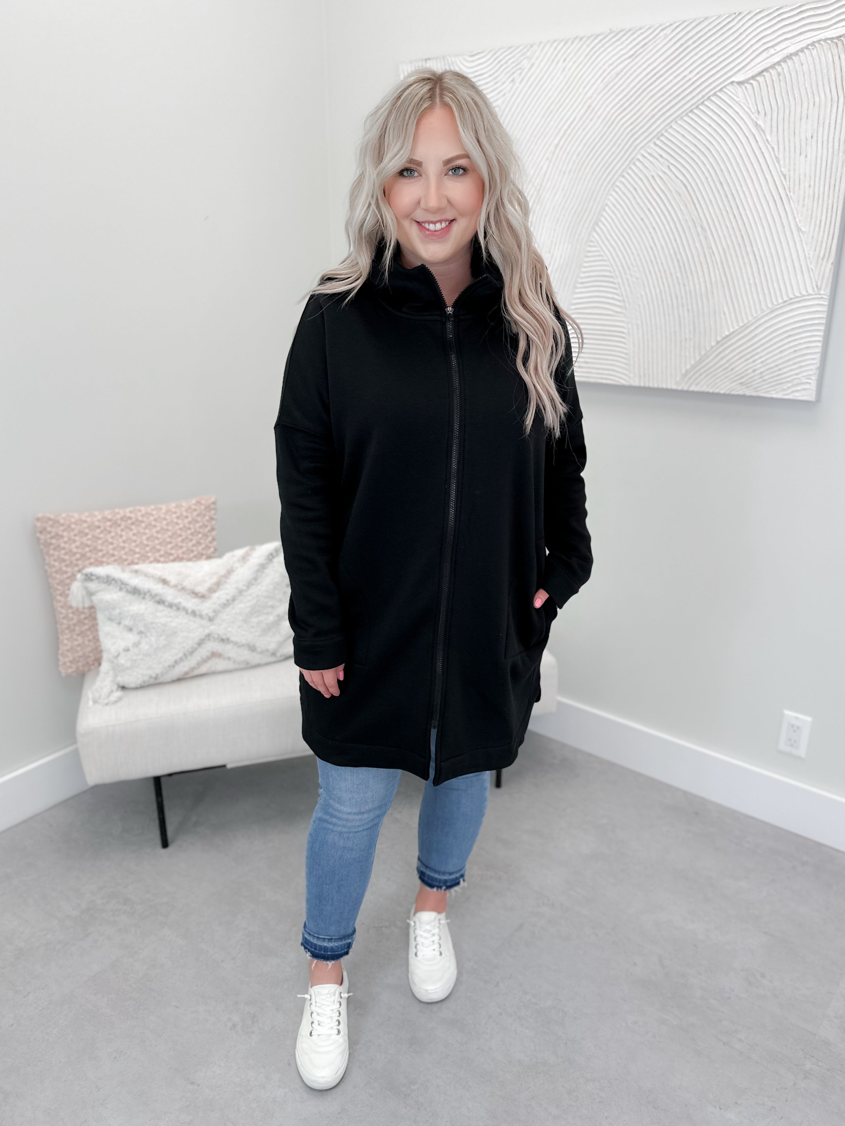 Payton Hooded Zippy Coatigan in Black