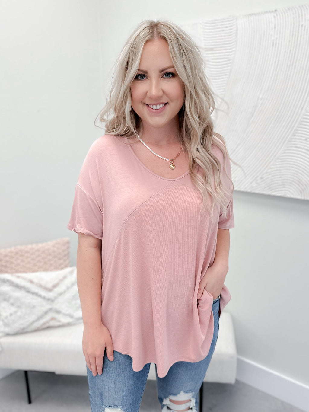 Ryan Ribbed Tee in Rose - Size Small