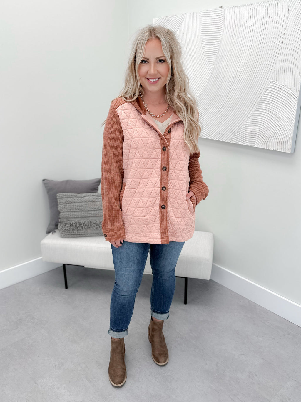 Qamara Quilted Shacket in Blush