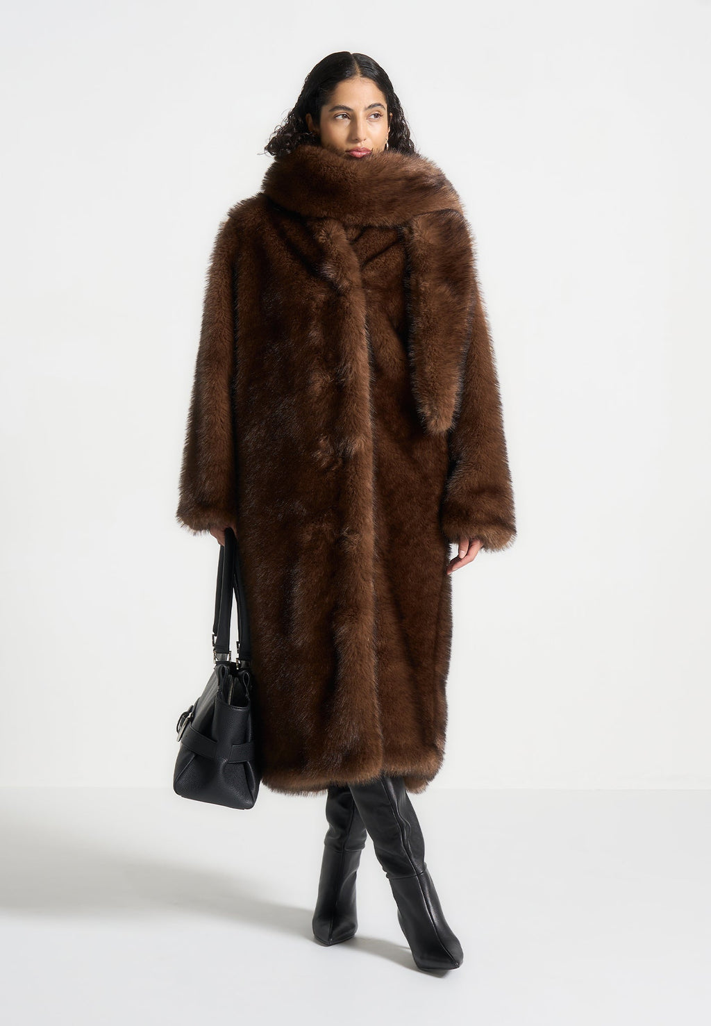 Fur Oversized Coat with Scarf - Brown
