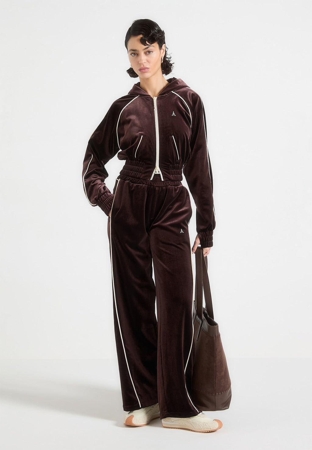 Eiffel Velour Zip Through Hoodie - Brown