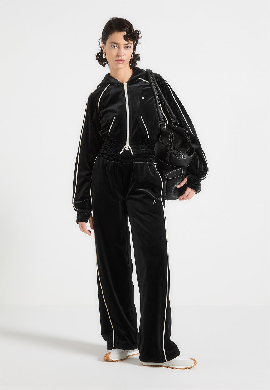 Eiffel Velour Zip Through Hoodie - Black