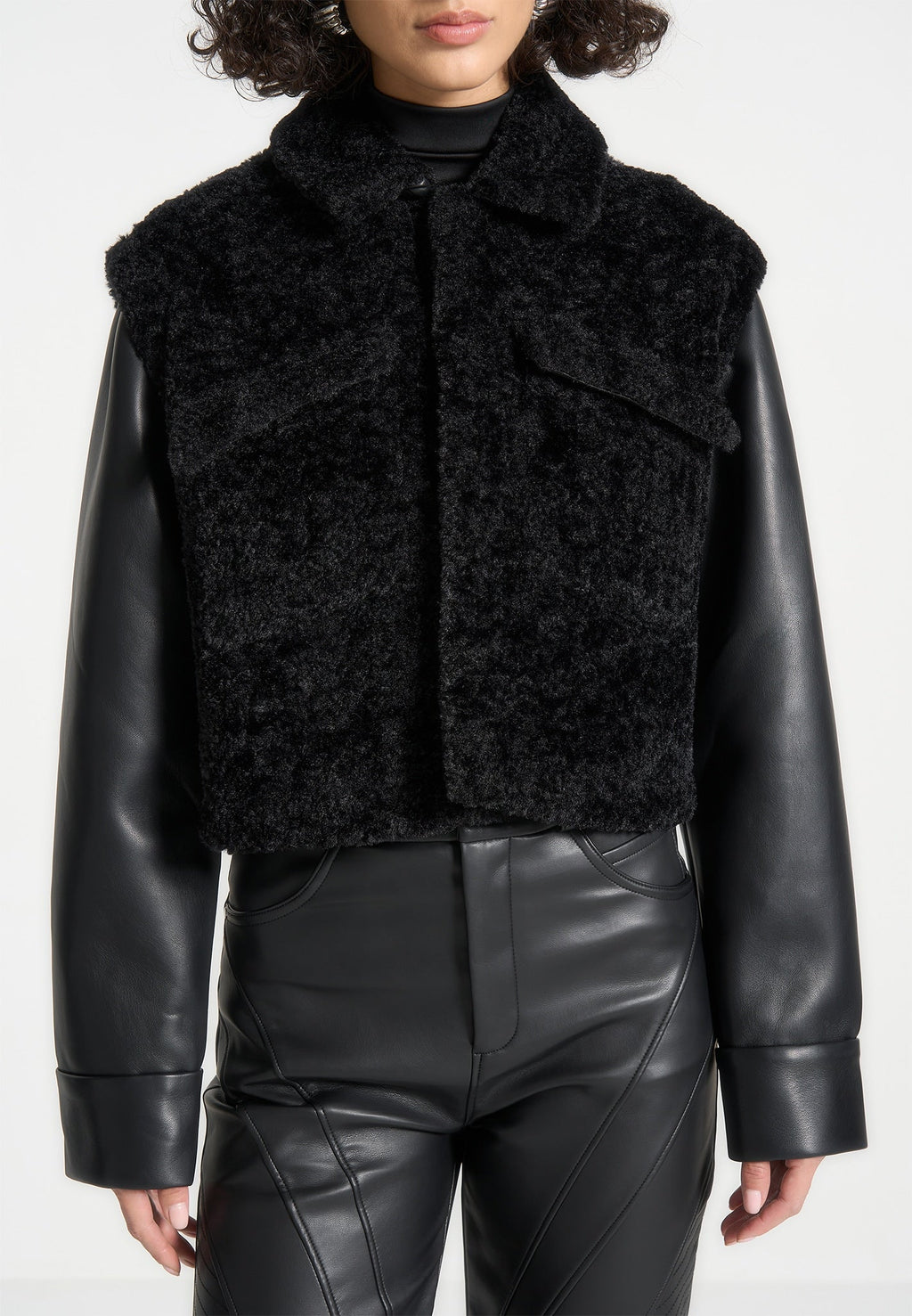 Plush Jacket With Leather Sleeves - Black