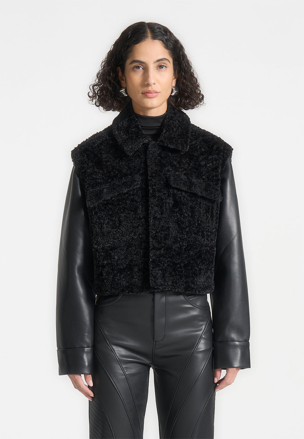 Plush Jacket With Leather Sleeves - Black