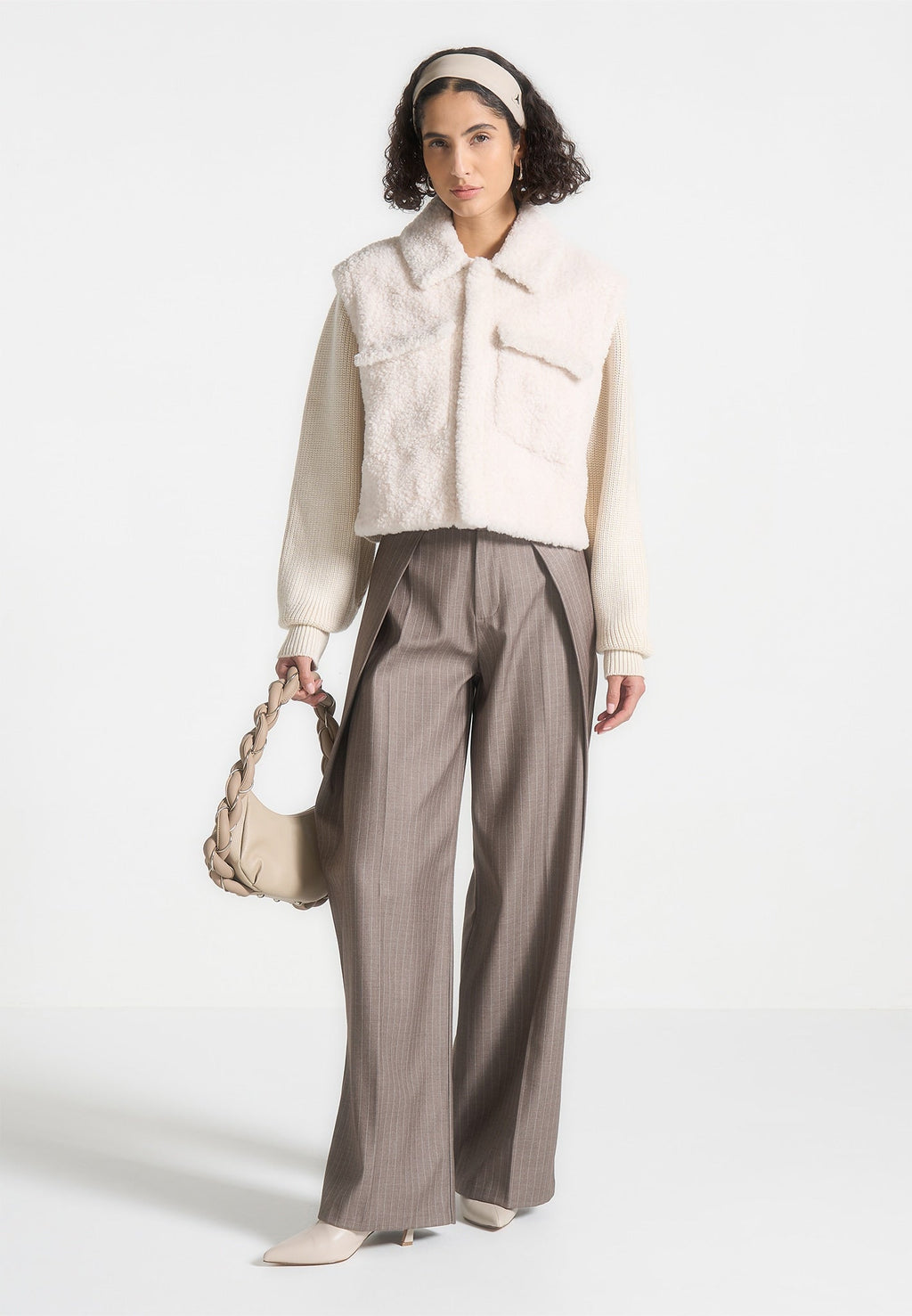 Plush Jacket With Knitted Sleeves - Cream