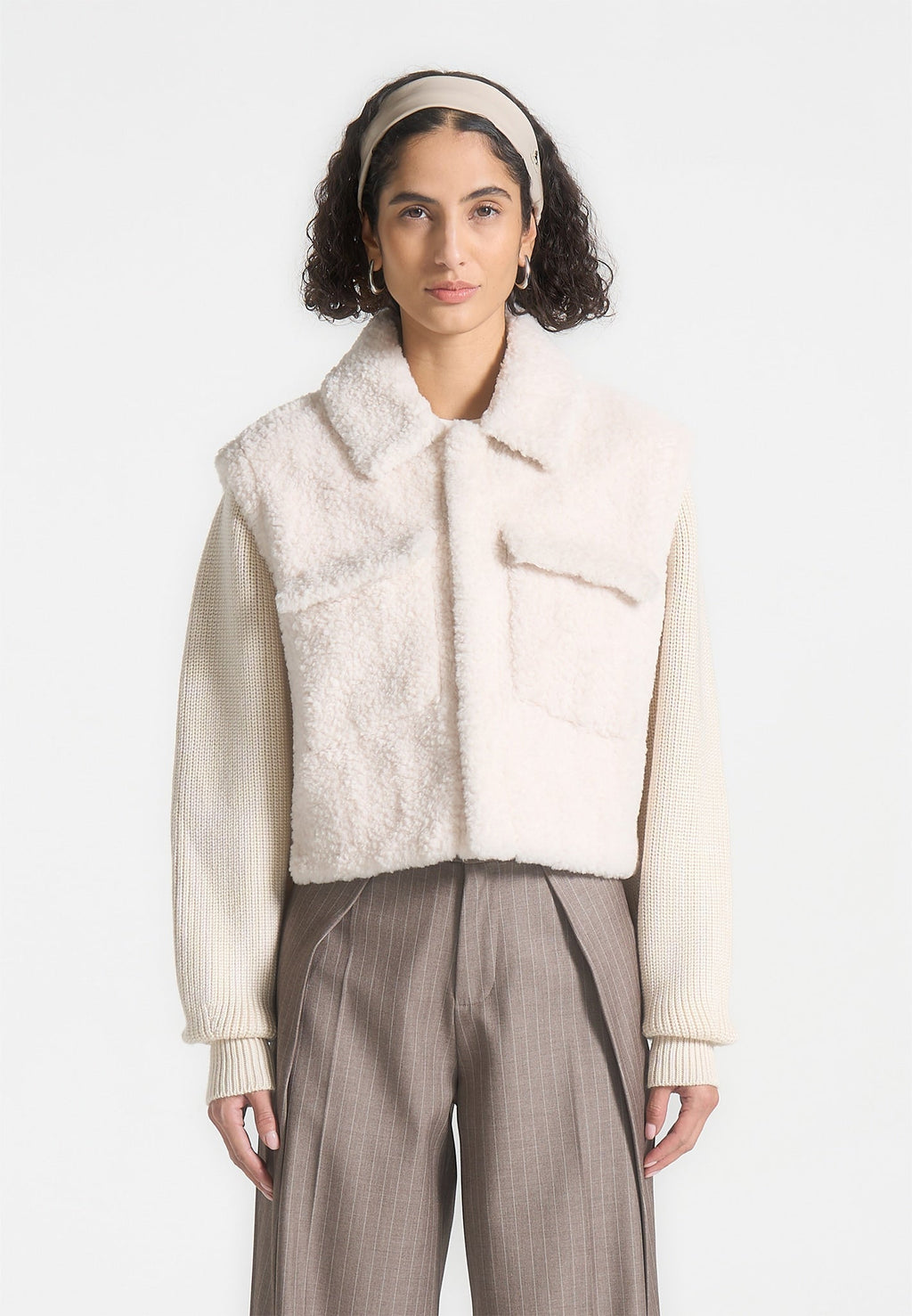 Plush Jacket With Knitted Sleeves - Cream