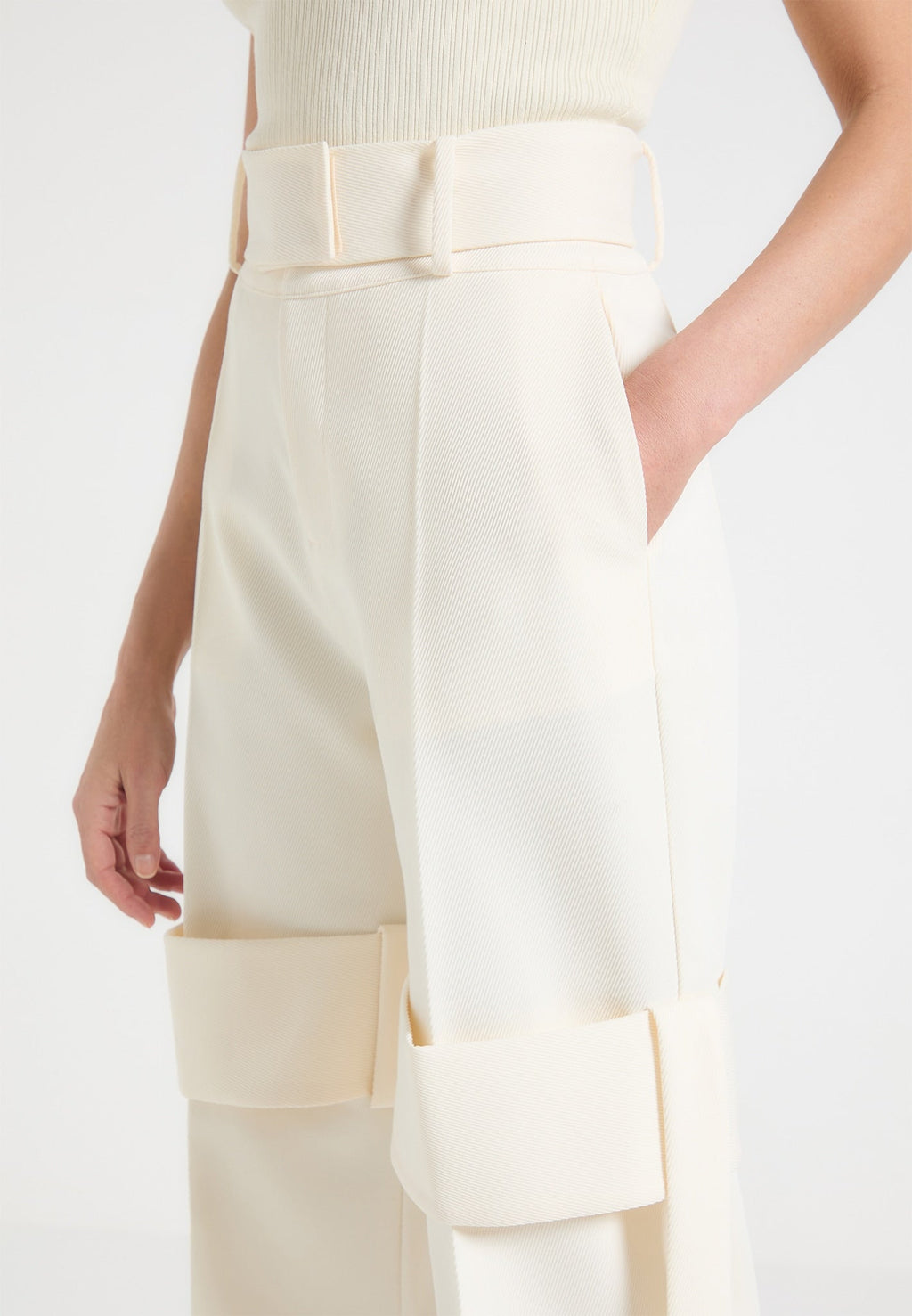 Tailored Belted Strap Detail Trousers - Cream