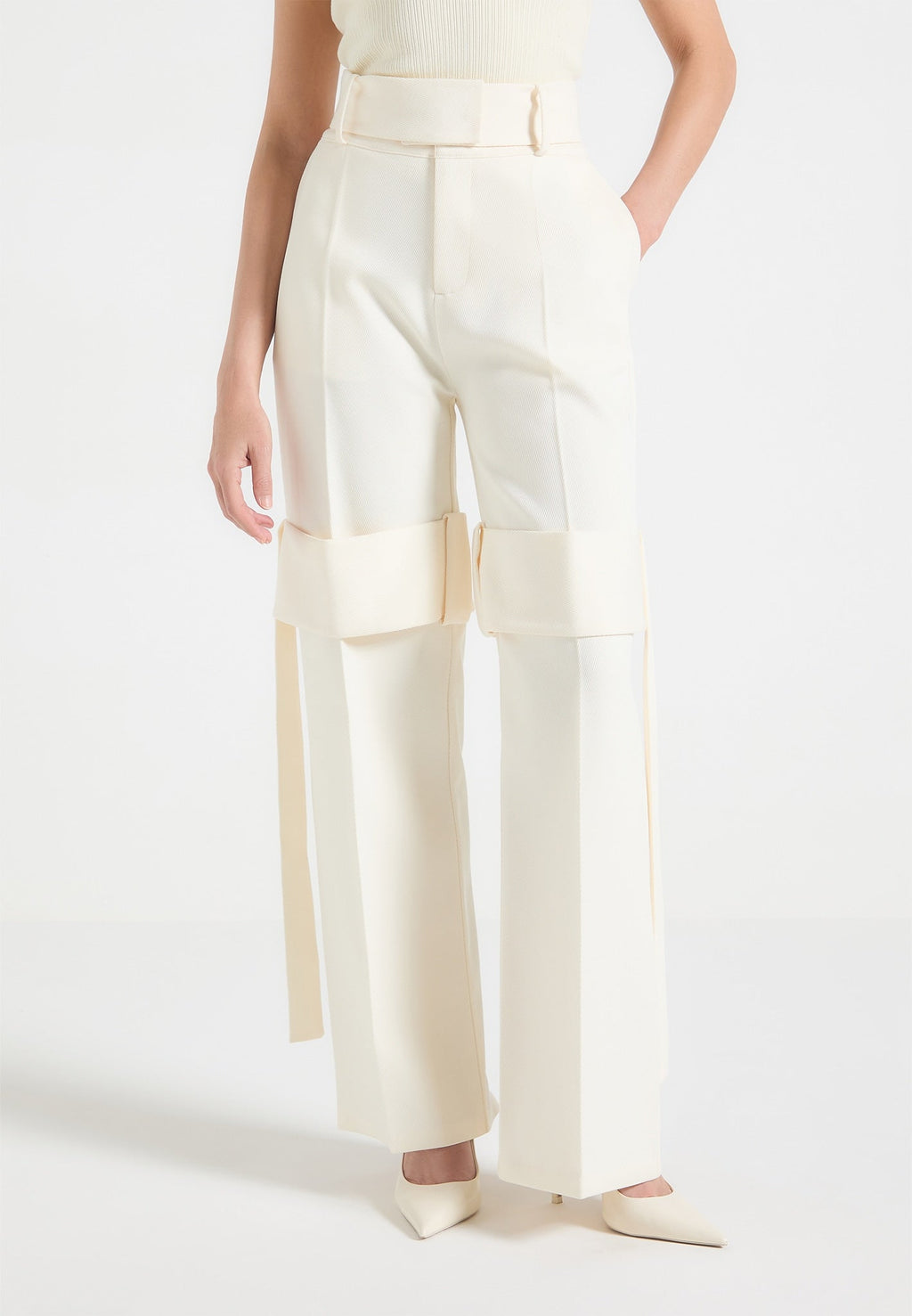 Tailored Belted Strap Detail Trousers - Cream