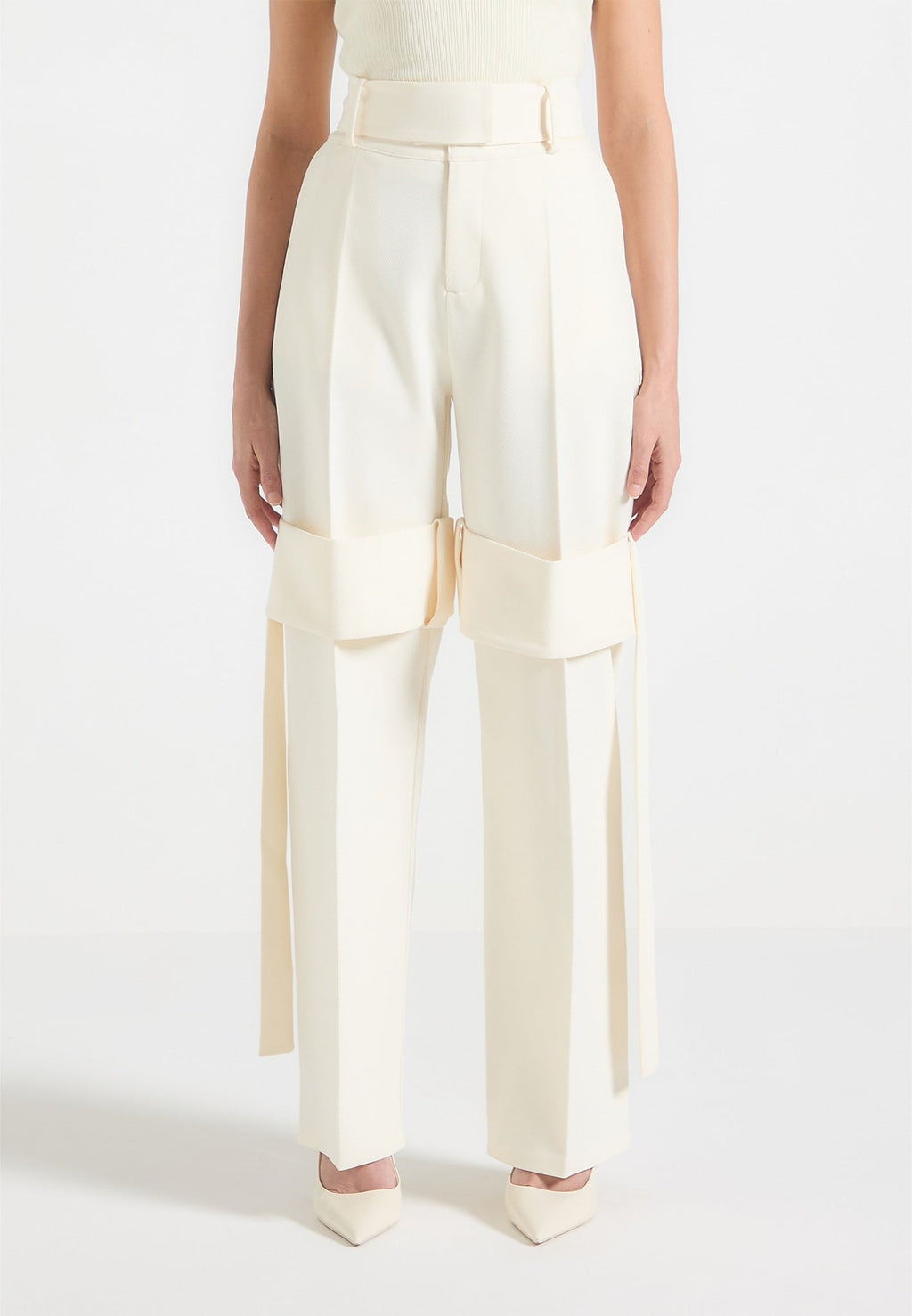 Tailored Belted Strap Detail Trousers - Cream