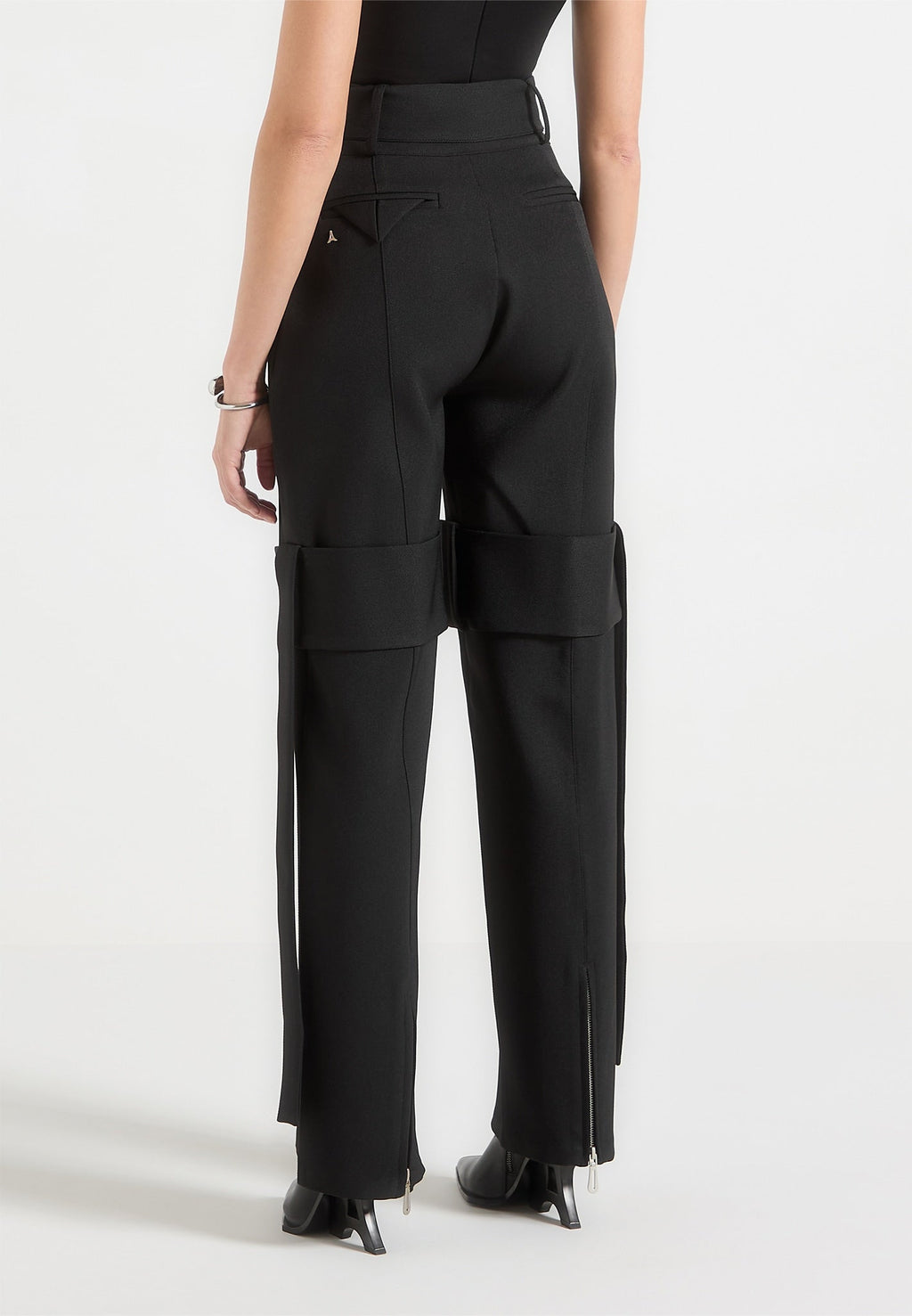 Tailored Belted Strap Detail Trousers - Black