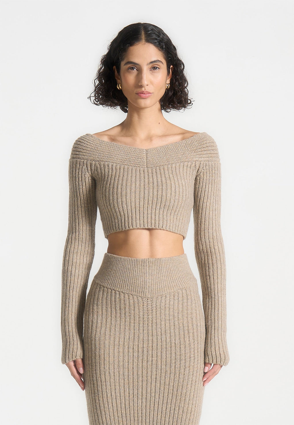 Off Shoulder Knit Crop Top - Beige Marl