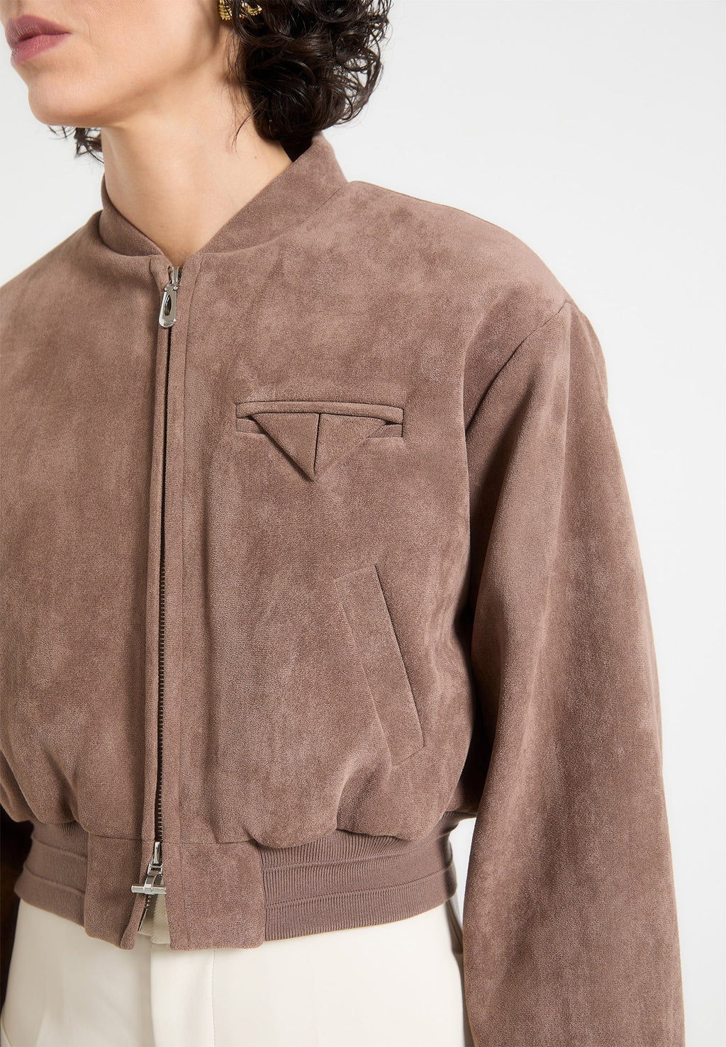 Suede Wide Shoulder Bomber Jacket - Taupe