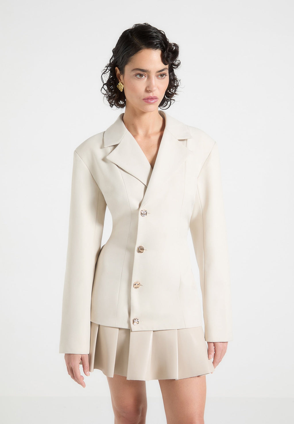 Tailored Cinch Blazer Dress with Pleats - Beige
