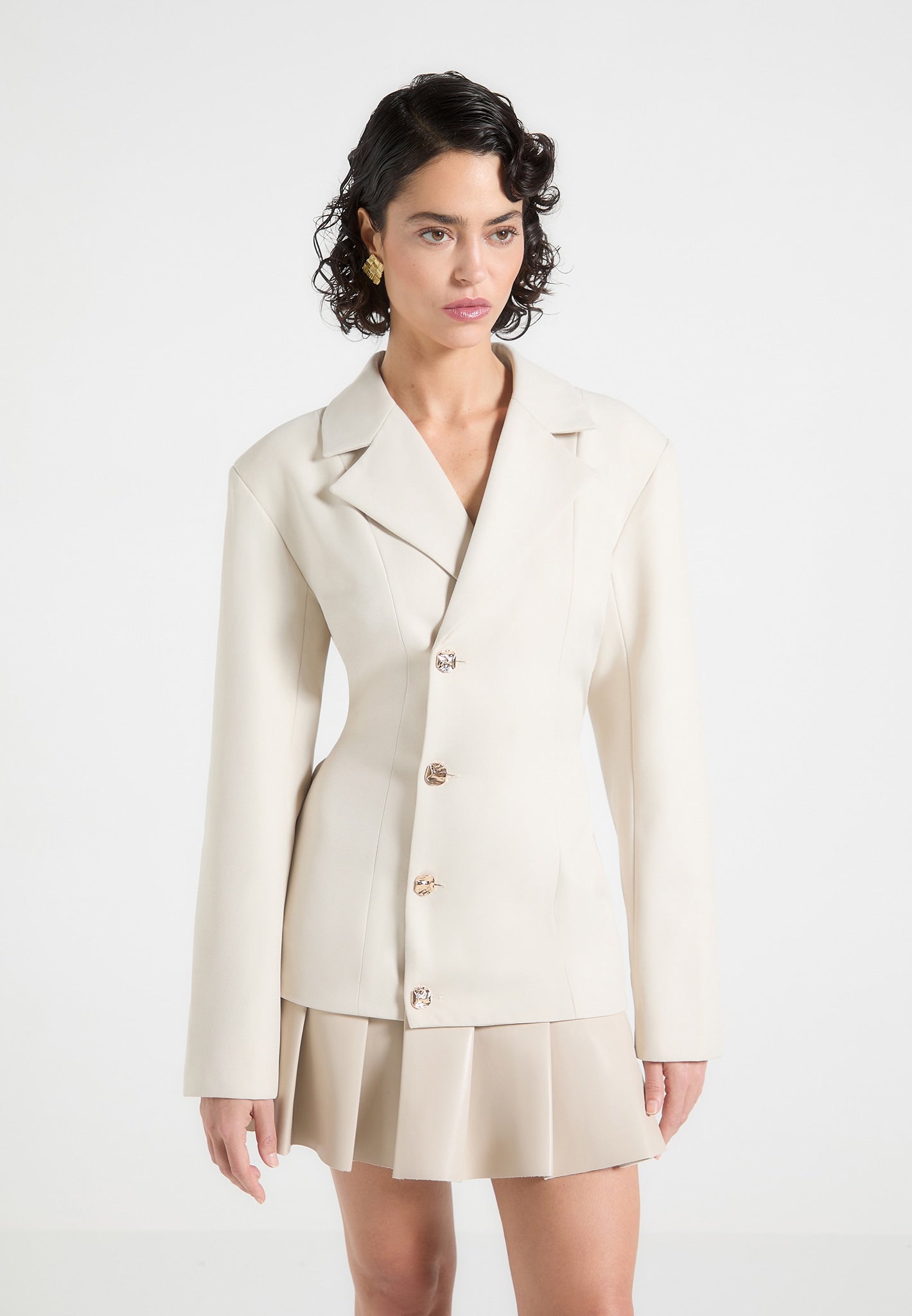 Tailored Cinch Blazer Dress with Pleats - Beige
