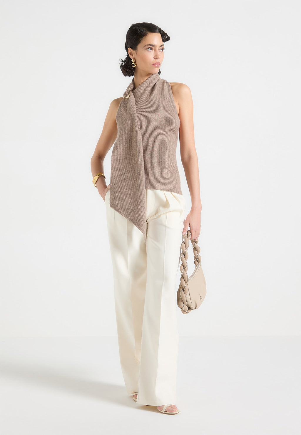 Knitted Draped Halterneck Top - Taupe