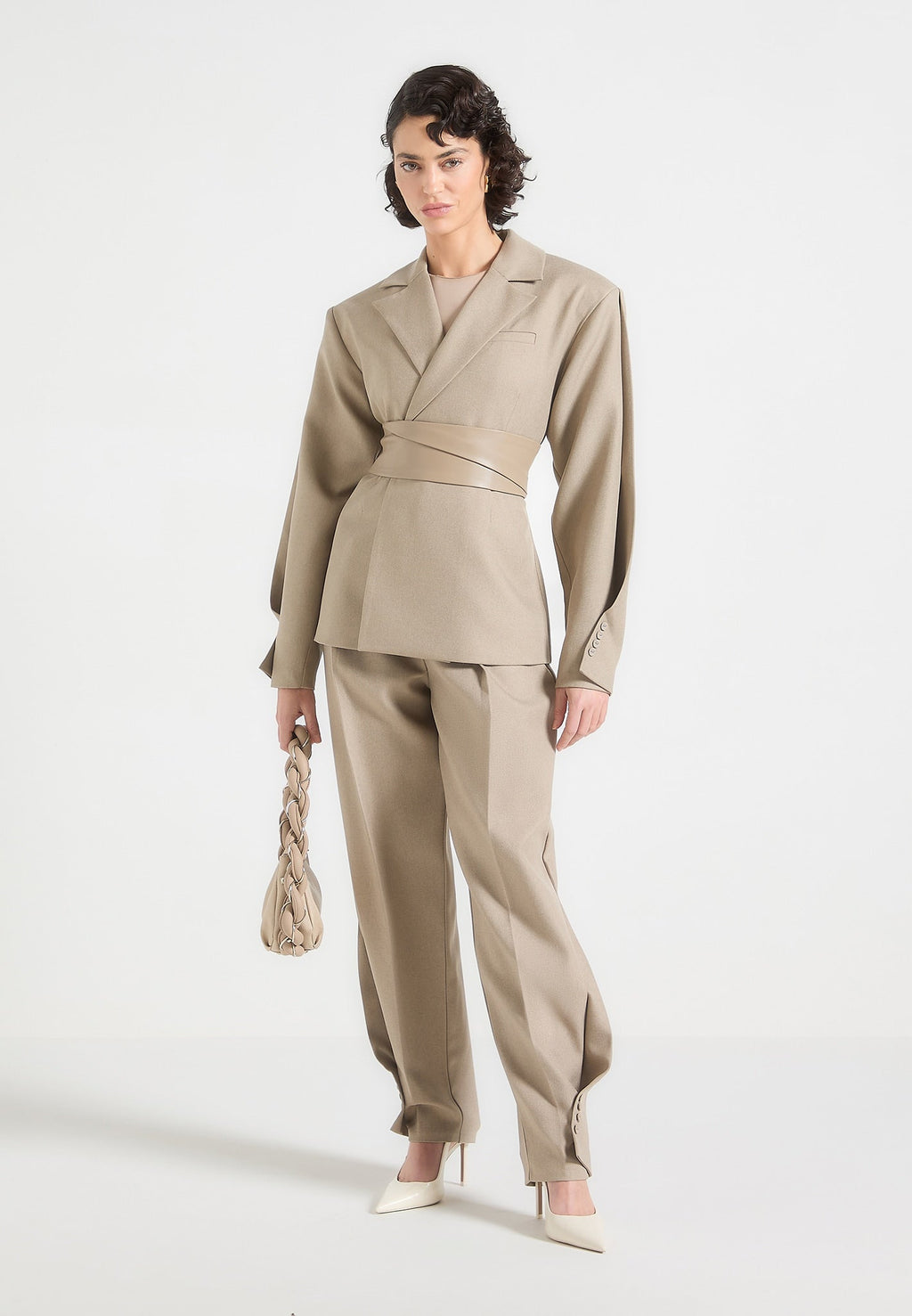Twist Sleeve Tailored Blazer with Belt - Taupe