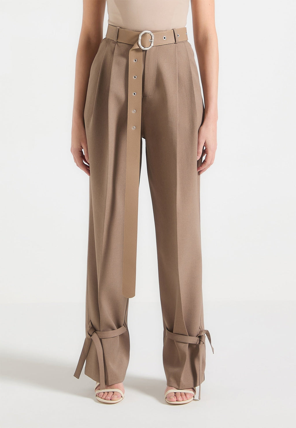 Tailored Trousers with Oversized Belt and Ankle Ties - Taupe