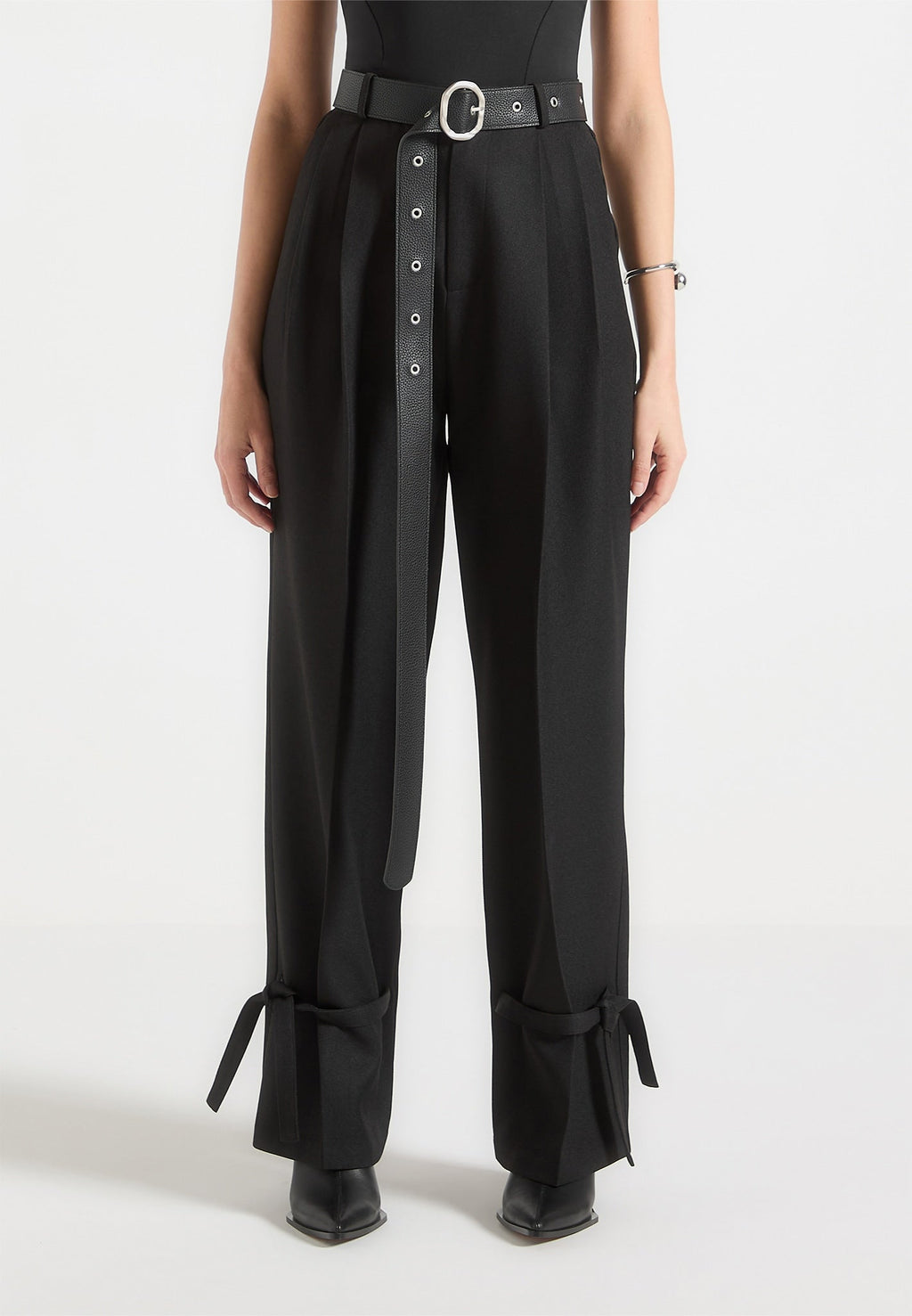 Tailored Trousers with Oversized Belt and Ankle Ties - Black