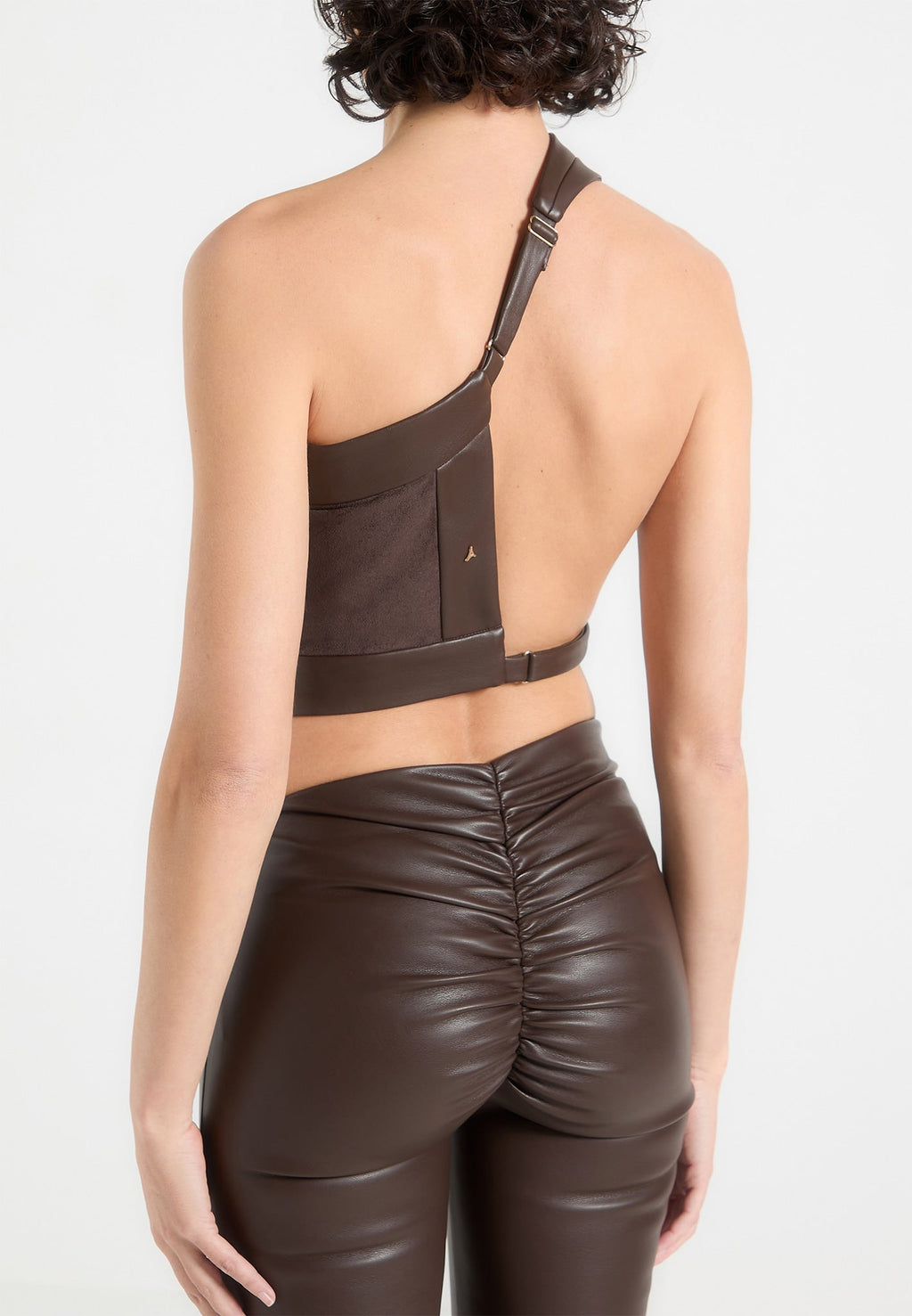Suede & Leather Asymmetric Backless Top - Brown