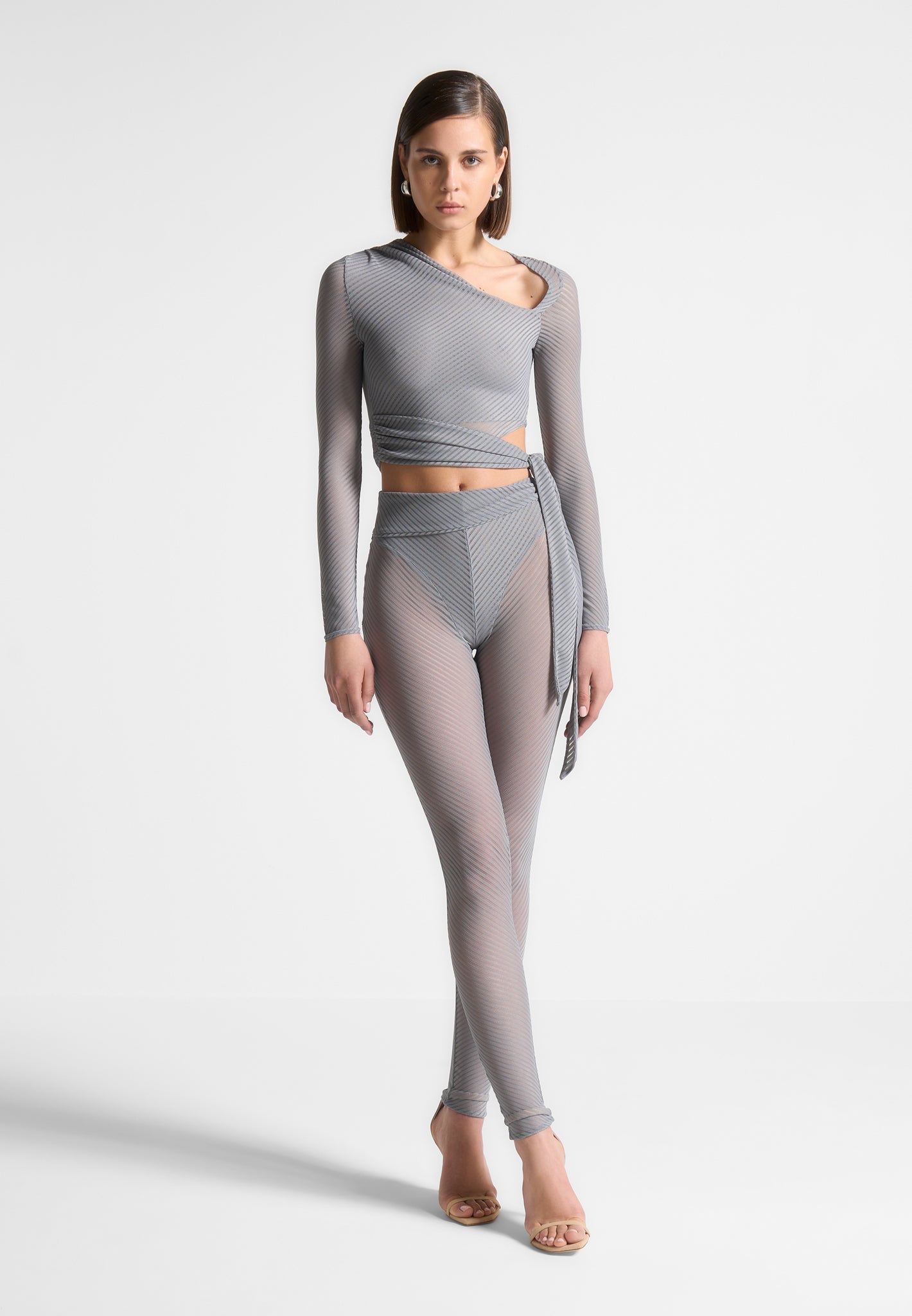 Ribbed Sheer Top with Tie - Grey