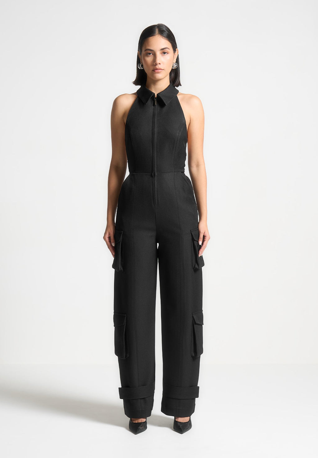 Tailored Halterneck Cargo Jumpsuit - Black