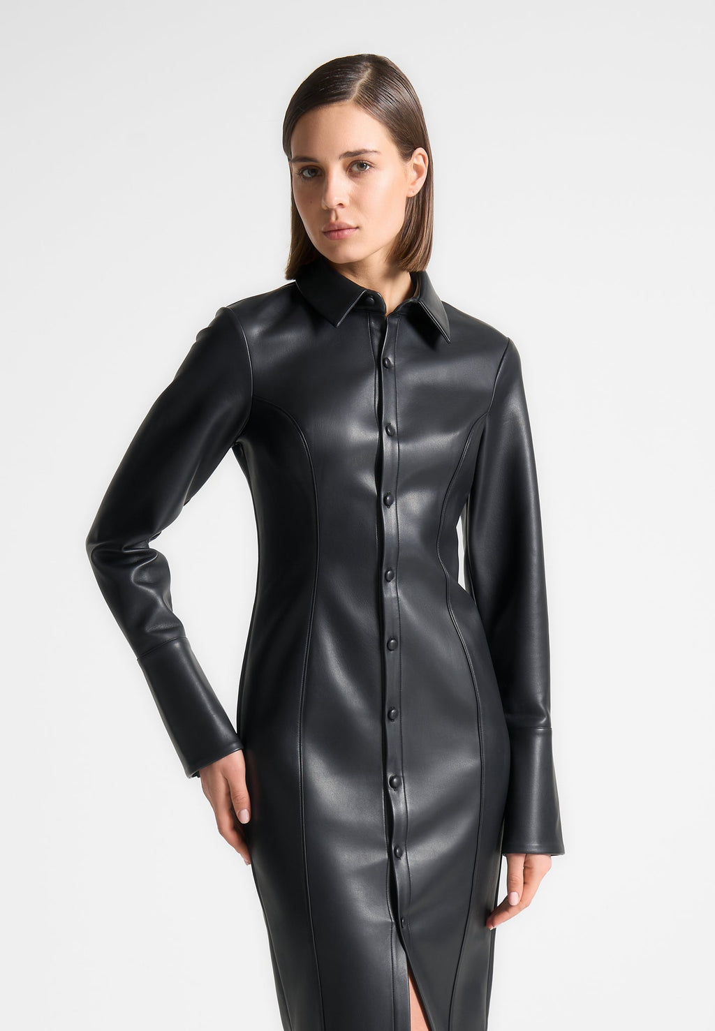 Leather Midaxi Shirt Dress - Black