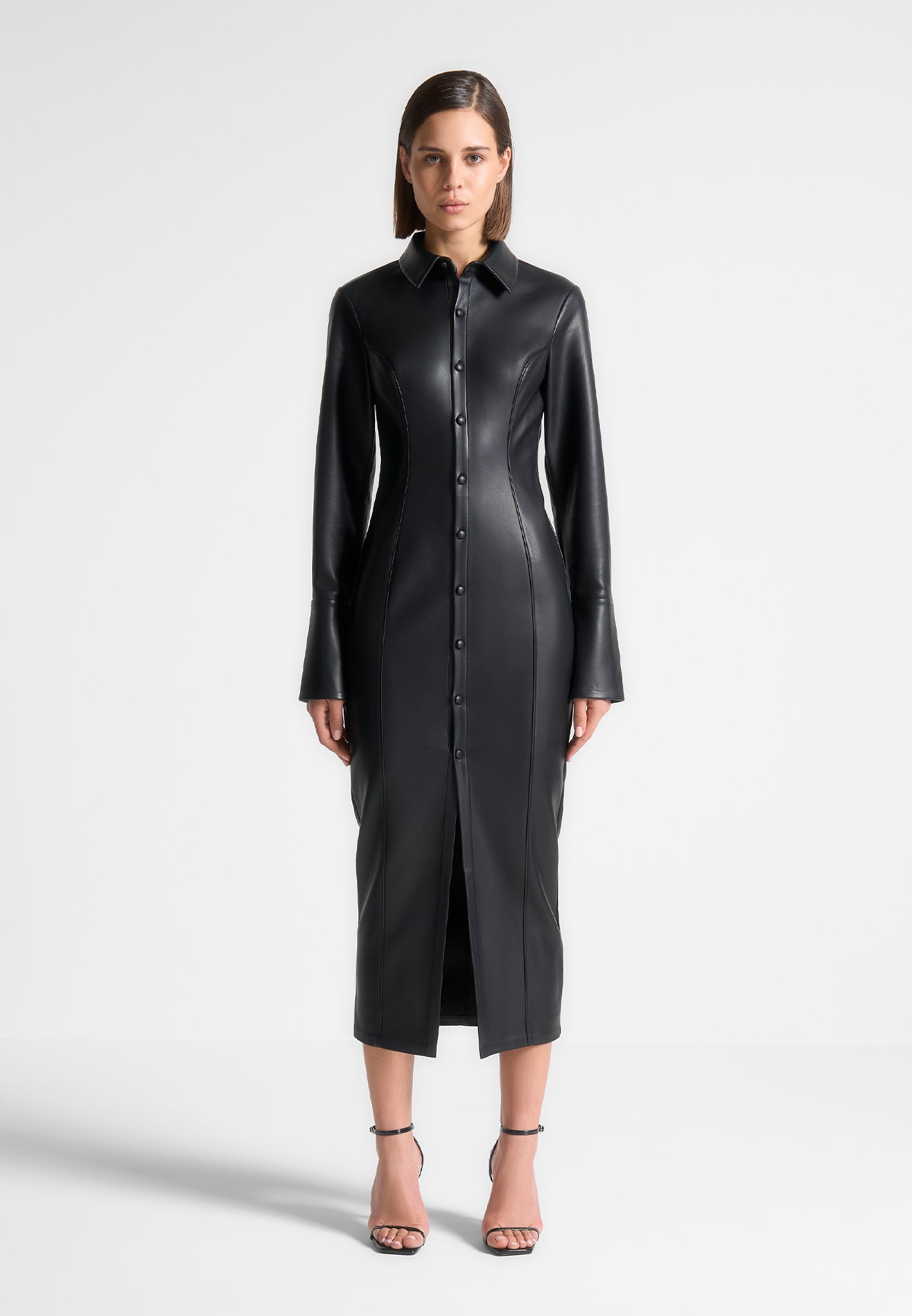Leather Midaxi Shirt Dress - Black