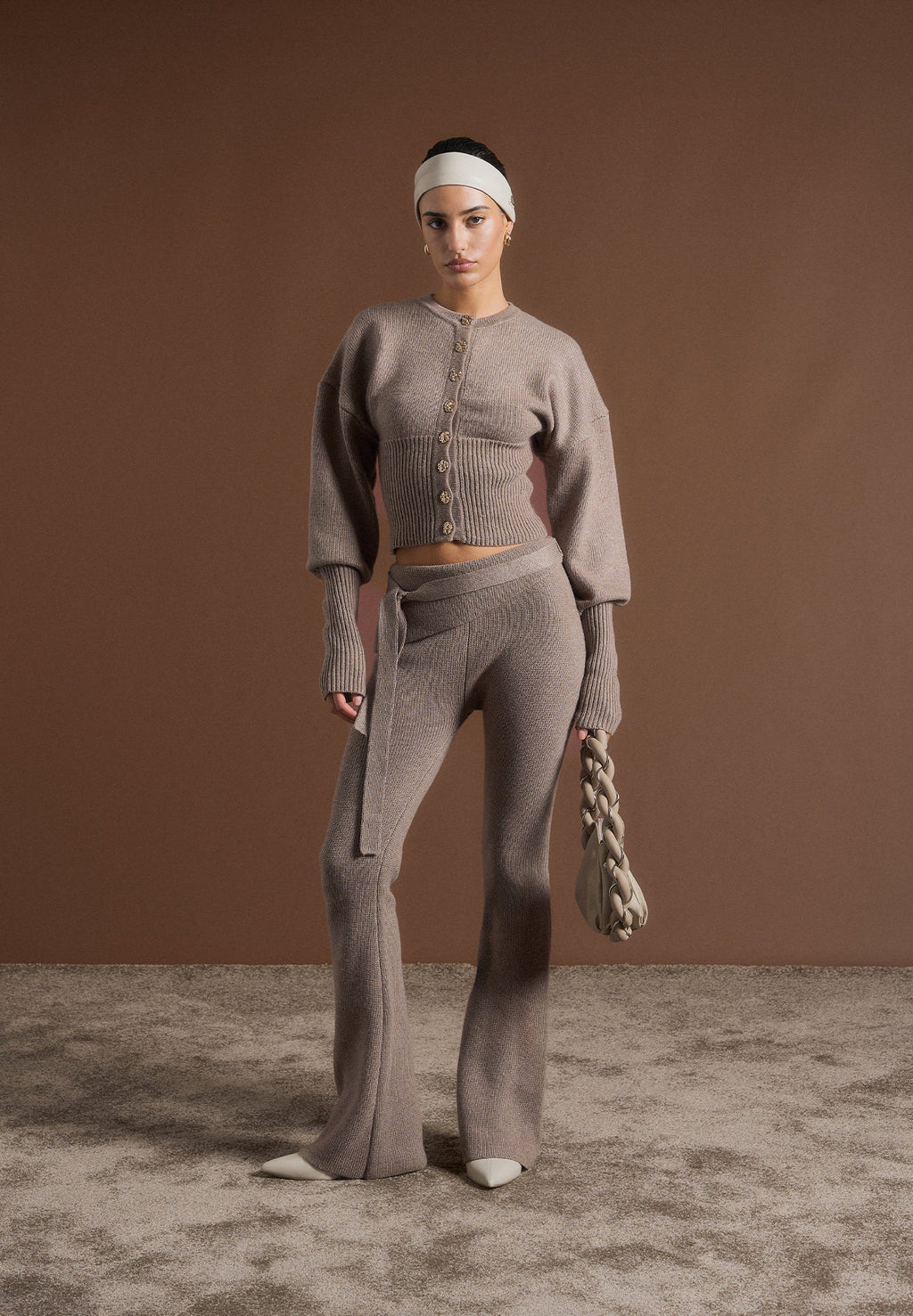 Knitted Fit & Flare Leggings with Belt - Taupe