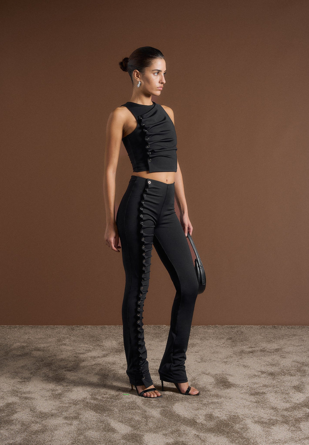 Eyelet Detail Tacked Racer Top  - Black