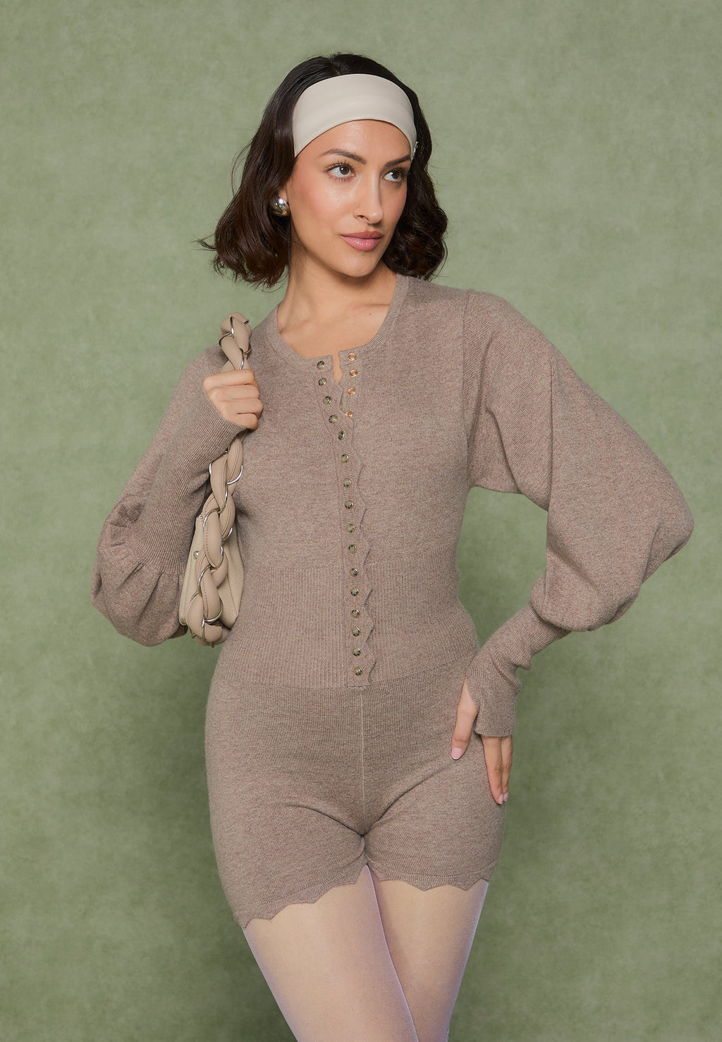 Knitted Scallop Hem Playsuit - Taupe