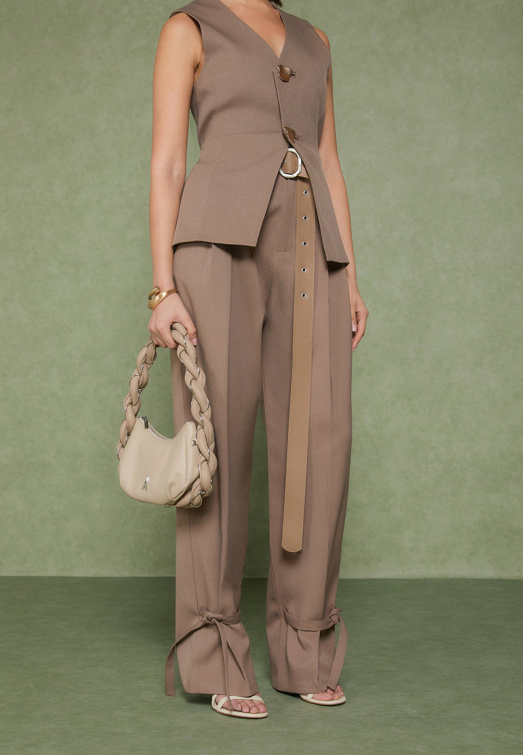 Tailored Trousers with Oversized Belt and Ankle Ties - Taupe