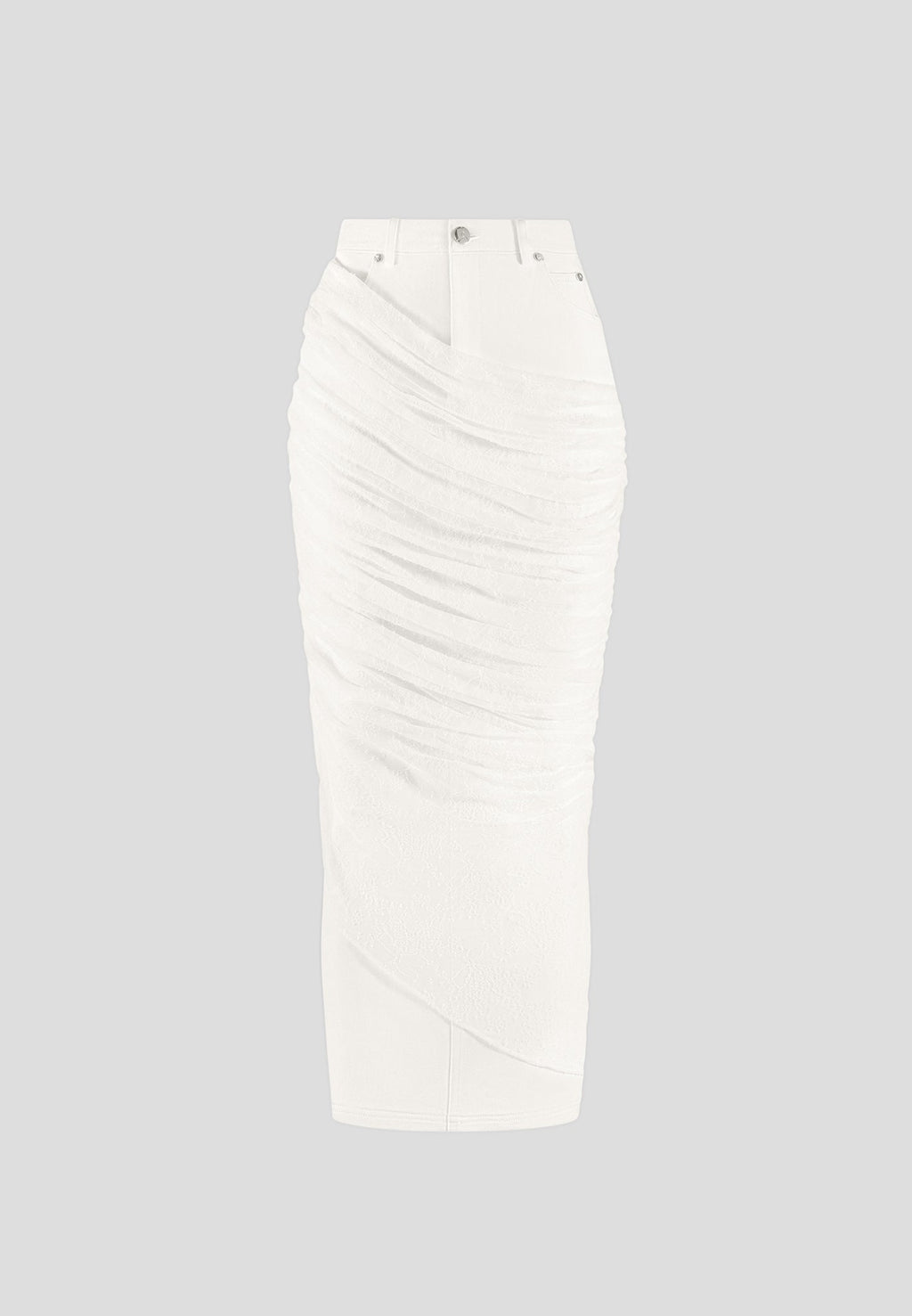 Draped Mesh Denim Maxi Skirt - Off White